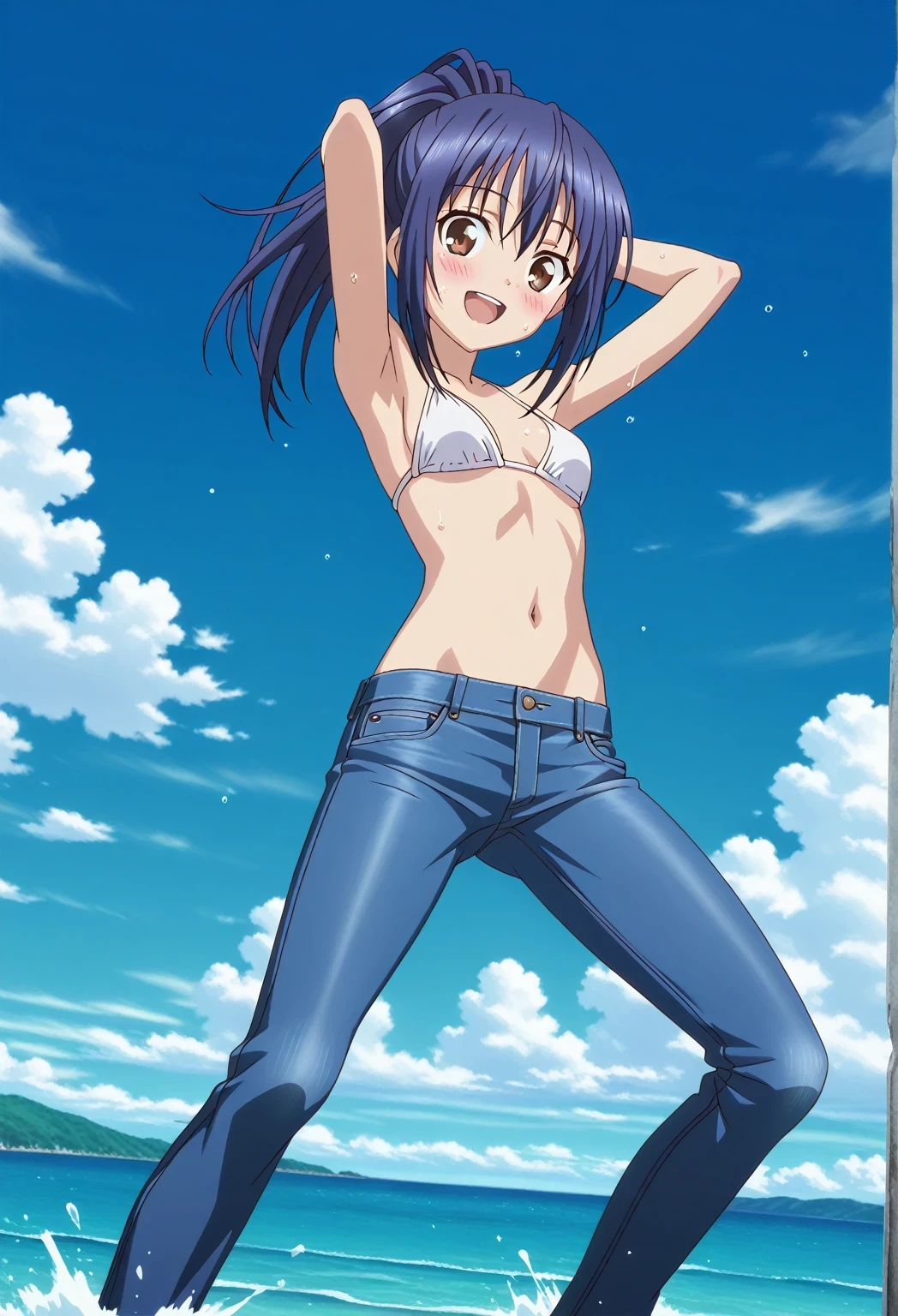 score_9, score_8_up, score_7_up, source_anime, highres, hi res, ((best quality, top quality, perfect quality, Highest Quality, amazing quality)), {{masterpiece}}, {{an extremely delicate and beautiful}}, 2d, intricate details, official style, anime, 8k, anime style, official_anime, official art, digital painting, cell shading, soft shading, high resolution, soothing tones, Subdued Color, Soft cinematic light, adobe lightroom, photolab, HDR, intricately and hyper-detailed, ((high quality animation)), 1 girl, Alone, solo, ((ocean)), tsunami, on the water, day, sunny, outdoors, sky, windy, mana takamiya, long hair, hair between eyes, brown eyes, blue hair, ponytail, sidelocks, anime screencap, small breasts, white bikini top, best quality, hyper-detailed jeans, ((blue jeans:1.9)), (dark blue jeans:0.6), full medium body, medium shot, Open mouth, smiling, happy face, blush, sweat, standing, ((arms behind head:6.0)), bowlegged, jumping pose, action, looking at viewer, spread legs, Bend knees slightly, straight-on front view