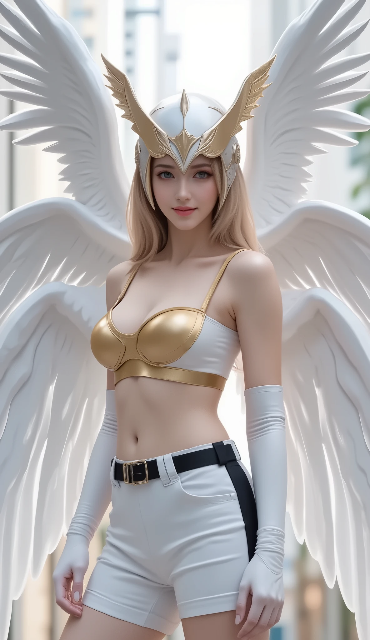 (mahakarya, best quality;1.3), highly detailed, Angewomon, Digimon , Winged helmet , helmet eye cover, helmet on, helmet on, eyes closed , telanjang, big , bare breasts multiple wings white, sayap putih, pink Hagoromo, single glove, tanpa tali,white overalls, gold strapless bra, black belt, two belts, dada besar,