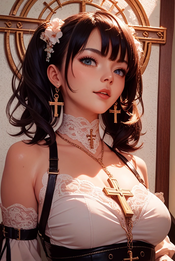 (8ก, Highest quality: 1.3), Extremely detailed, absolutely resolution, (realistic, realistic photograph:1.37), Portrait, high definition RAW color photograph, high definition and beautiful, high definition, 8ก Image wallpaper, Amazing details, Big file size, highly detailed beautiful girl, ( athlete figure:1.1),Extremely detailed face expressive lips, (Finely defined super beautiful eyes:1.5), The skin has a fine texture, Every feature is meticulously displayed., The fingers were neatly outlined, The nose has a precise shape, expressive lips, perfect ,  (church background, detailed background is not blurred:1.6),one story, Twenty generations, cute girl, realistic, (front view:1.4), (face focus:1.3), ( cleavage) ,(Looking at Viewer:1.5), beautiful , cute face,  face,  body,(very skinny body:1.1), pose, red blush, young adult, extra curly hair, long curly purple hair, loose hair, hair accessories, earrings, pendant, necklace, bracelet, (gravure pose:1.5), (ultra detailed holy sister’s outfits:1.4),,{(hetero, sister, slave collar, slave chain:1.5),