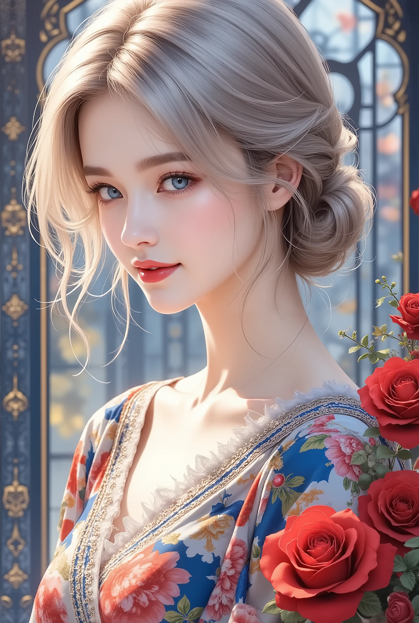 Sculpture Style Art、A fusion of ink painting and watercolor、Female portraits、Mature woman beauty painting、Cambala Cunnier Style、Anime Beauties、Colorful Dresses、Red lips、blue eyes、Bewitching, Long, Beautiful Eyes、Beautiful Face、perfect balanced figure with red roses、Eye Line、Look at me and smile、Silver Blonde Long Hair、stained glass style、Artistic Illustration Art、