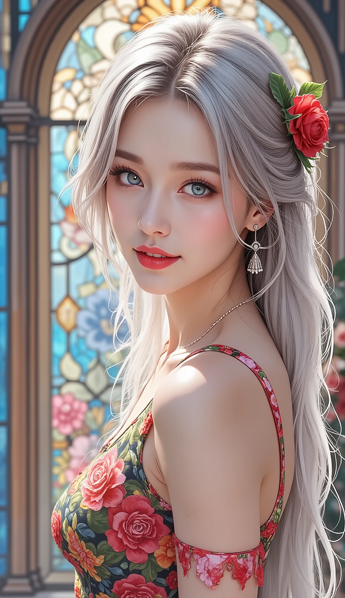 Sculpture Style Art、A fusion of ink painting and watercolor、Female portraits、Mature muscle woman beauty painting、Cambala Cunnier Style、Anime Beauties、Colorful Dresses、Red lips、blue eyes、Bewitching, Long, Beautiful Eyes、Beautiful Face、perfect balanced figure with red roses、Eye Line、Look at me and smile、Silver Blonde Long Hair、stained glass style、Artistic Illustration Art、