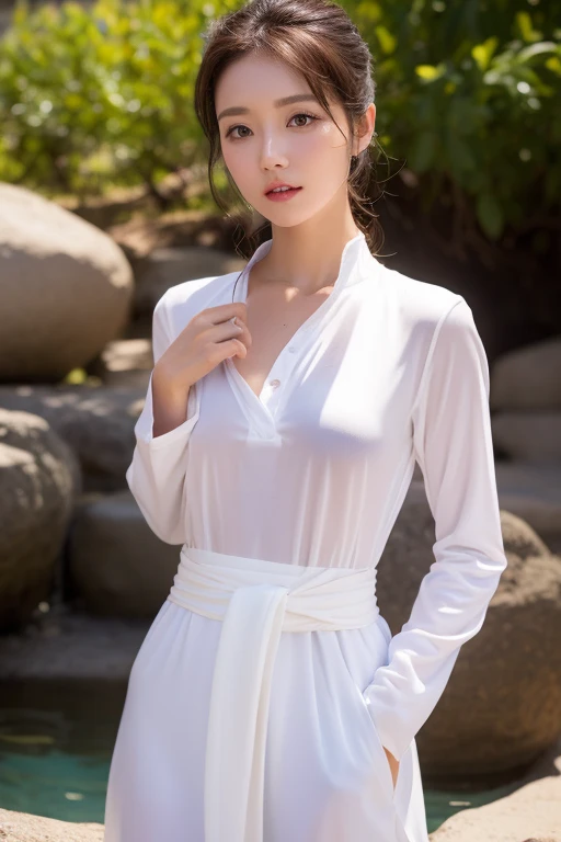 Japanese woman, oval face, slim face. Slender, thin, Slender and tall body. White skin., 22 years old , slim body abs, tall , ((medium breast:1.1)), beautiful lady, Nikon Z 85mm, ((best quality)) ((masterpiece)), intricate detail, ((almost )), sharp focus, professional, realistic, real life, hyperreal, photorealistic, fine detail, best quality, very Detailed CG unity 8k wallpaper, perfect artwork, Full body, glowing eyes, realistic, perfect female hourglass figure, thin waist, wide buttocks, looking at viewer, extremely delicate and beautiful, best quality, beautiful detail girl, beautiful eye detail, face lighting, film lighting, perspective, revealing buttocks, perfect collarbone, realistic  expression, (exquisite detail, makeup, (exquisite beautiful exquisite face, delicate and beautiful eyes, a face with perfect proportions, high-detailed skin,((wearing light khaki closed hijab, showing  breasts and .showing  )), simple diamond necklace, ((), ((polite clothes)), leaning in the bench. outdoor, in the middle of ricefield,   body. outdoor, in the middle of ricefield plantation, surrounded a ricefield plantation, clear sky, leaning in the bench 