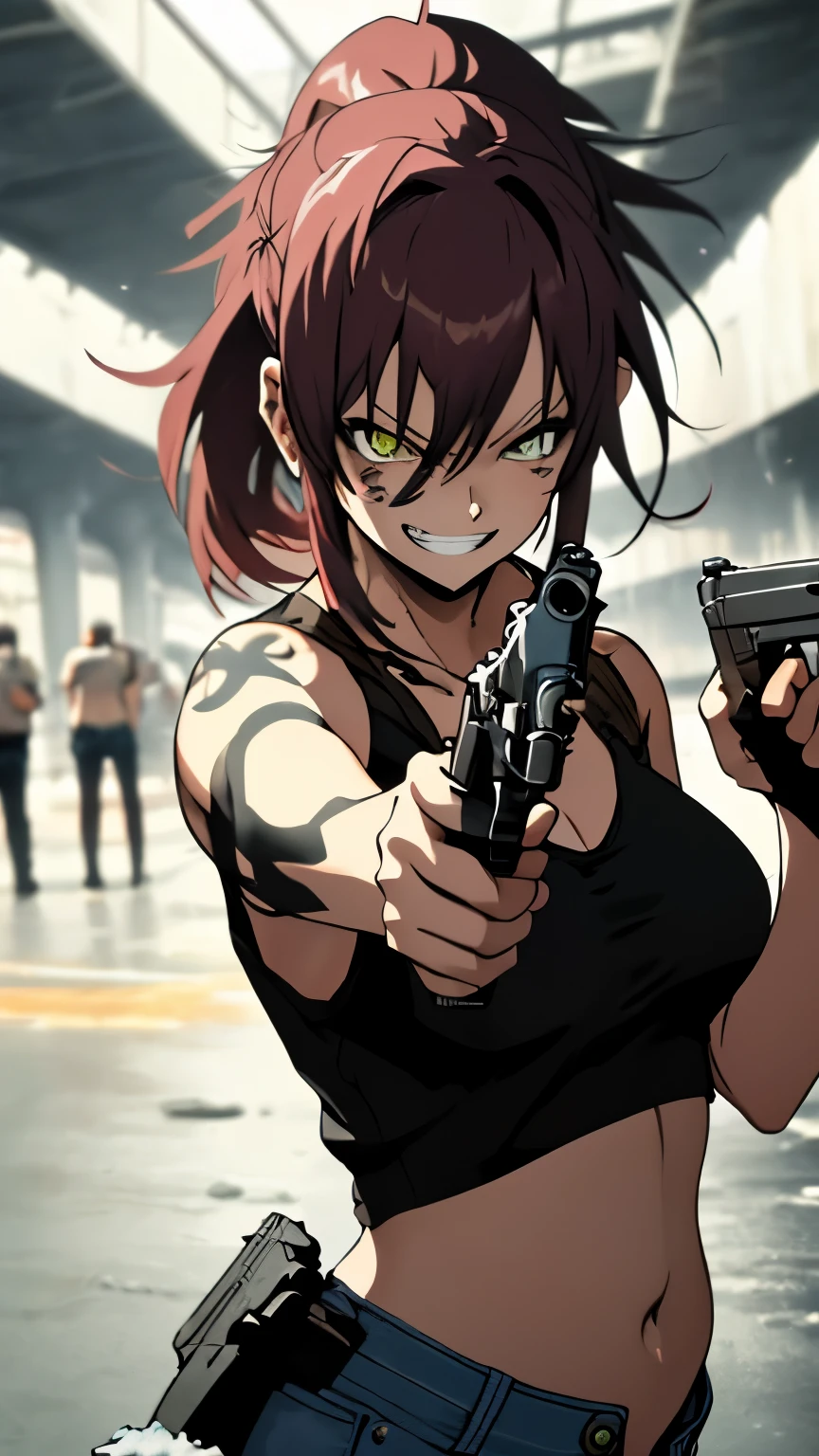 masterpiece, best quality, very aesthetic, movie quality, depth of field,soft saturation, focused subject, anime screenshot, anime coloring,official style, Revy main outfit, Revy (character), 1girl, solo shoulder holster, revy (black lagoon), burgundy hair, ponytail, amber eyes, tattoo,holster, ((black tank top)), ((denim shorts)), ((belly button)), ((holding beretta 92)), ((holding two pistols in both hands)), ((holding two pistols in both hands)), BREAK, (((evil grin))), (((dynamic pose))), (((looking at viewer)))