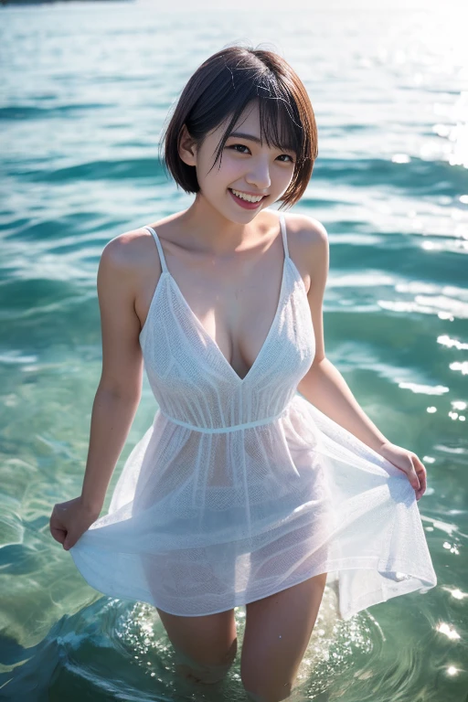 (Best-quality, Masterpiece, Ultra-High-Resolution, (Photorealistic:1.4), Raw Photo, depth of field, professional lighting, perfect , extremely details), 1girl, 15-years-old, the most famous Japanese idol, (extremely cute face like the most popular Japanese idol, ((extremely cute and extremely big round-eyes)), extremely beautiful hair), (((extremely realistic and extremely beautiful skins))), extremely cute long-eyelashes, extremely cute lips, extremely childish body, ((innocent smile, dynamic pose)), (wearing white long summer-dress with cute-design), (((at extremely beautiful beach in heavy-rain, detailed white-long-summer-dress-with-cute-design, detailed extremely-beautiful-beach, detailed heavy-rain)))