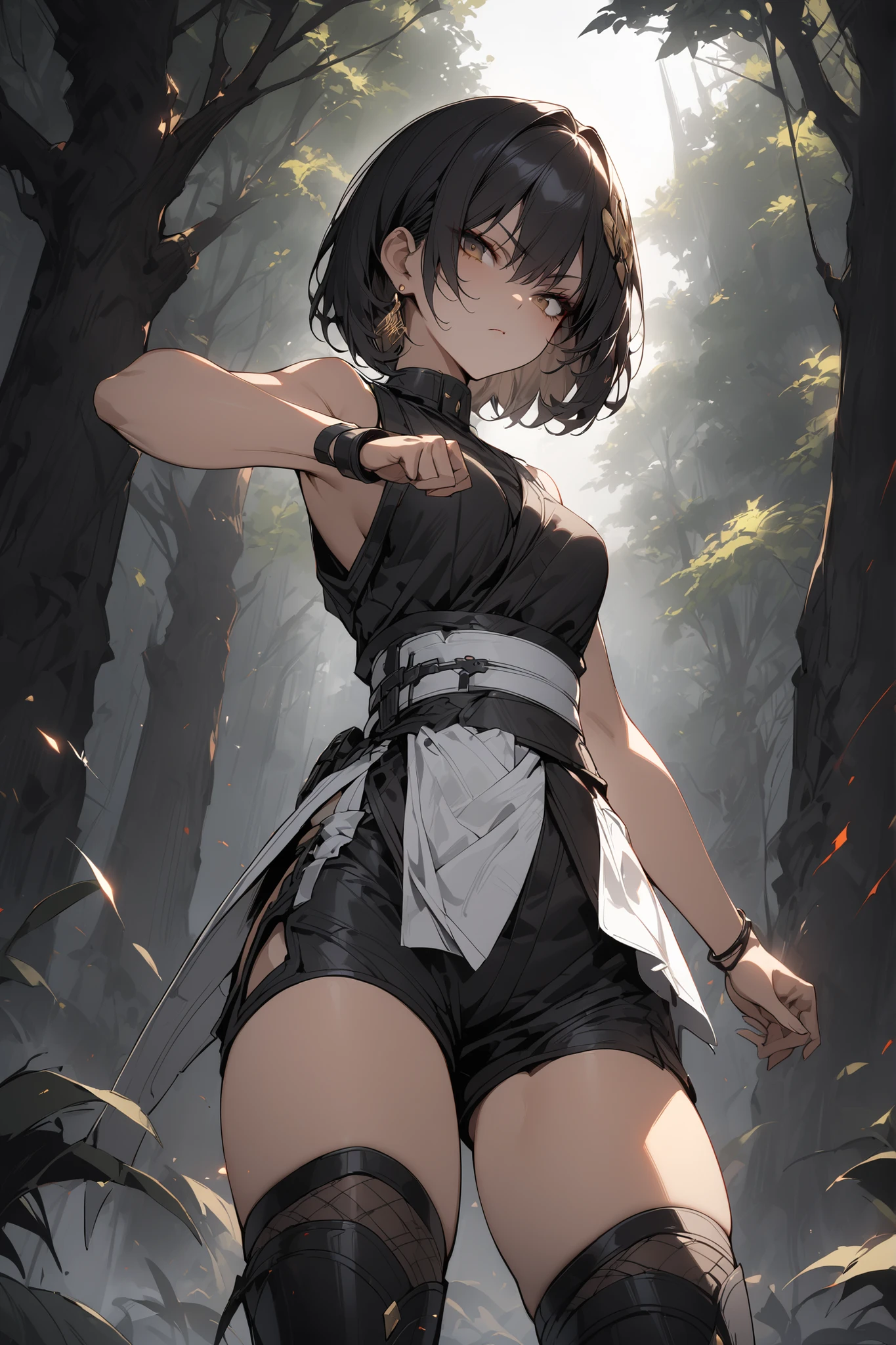 ((masterpiece,Highest Quality:1.2)),(1girl),Slender,A woman standing on a dark battlefield,cowboy shot,beautiful skin,shoulder out,(Thin thighs),(open reg),(healthy tanned skin),black bob cut,Perfect brown eyes , tree eyes ,Black Drifter Sleeveless Costume,Black Shorts,(((white waist cloth))),Serious Expressionless,hair ornaments,black knee-high boots,gold earrings,Fighting Pose