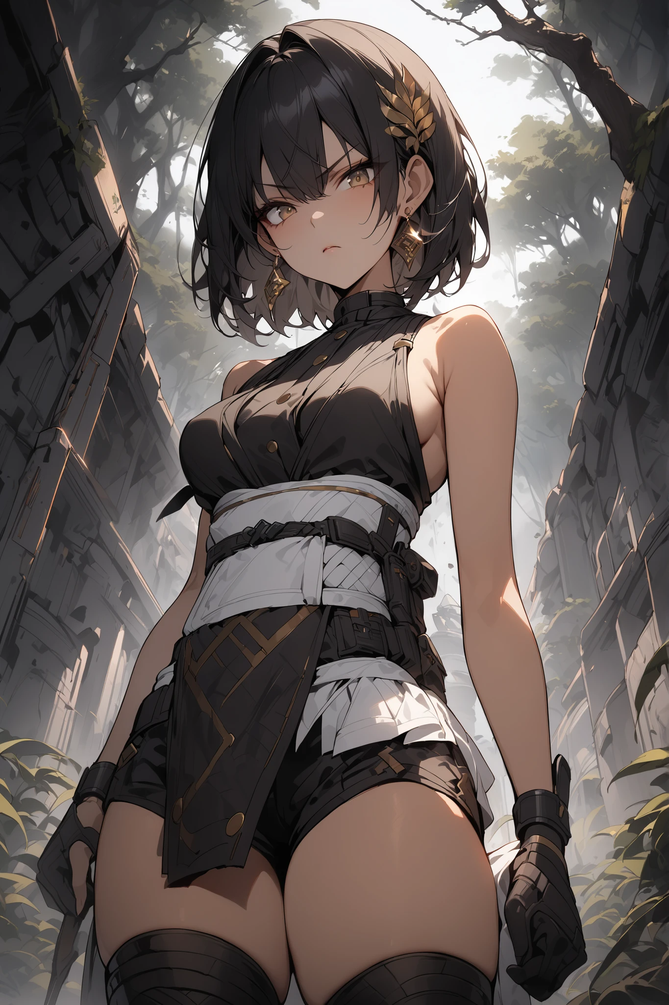 ((masterpiece,Highest Quality:1.2)),(1girl),Slender,A woman standing on a dark battlefield,cowboy shot,beautiful skin,shoulder out,(Thin thighs),(open reg),(healthy tanned skin),black bob cut,Perfect brown eyes , tree eyes ,Black Drifter Sleeveless Costume,Black Shorts,(((white waist cloth))),Serious Expressionless,hair ornaments,black knee-high boots,gold earrings,Fighting Pose