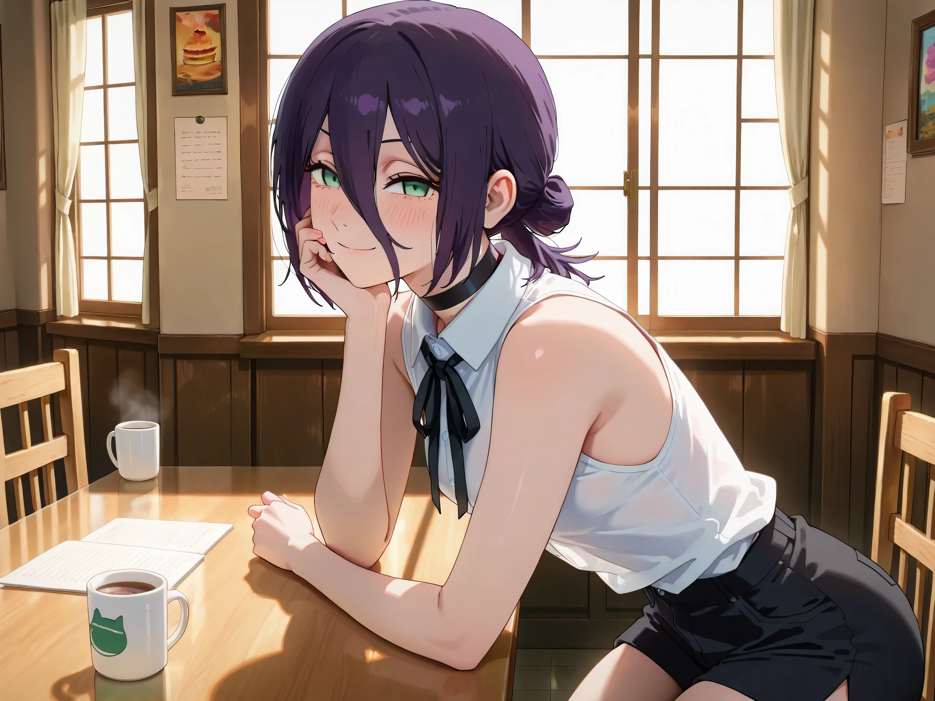 masterpiece, best quality, absolutely absurdres, very aaesthetic, newest, very awa, masterpiece, best quality, absolutely absurdres, very aaesthetic, newest, anime screencap, solo,reze, chainsaw man, navy hair, green eyes,black choker, purple hair, choker, eyebrows hidden by hair, green eyes, hair between eyes, long bangs, medium hair,,bare shoulders, black ribbon, black shorts, collar, collared shirt, neck ribbon, ribbon, shirt, shorts, sleeveless, sleeveless shirt, white shirt, BREAK, cowboy shot, Masterpiece,(perfect female body:1.2), small waist, (incredibly detailed:1.4), slim, beautiful fingers, beautiful skin, smile, exterior, looking at viewer, proportional body, proportional, beautiful hair, beautiful face, beautiful detailed eyes, beautiful clavicle, beautiful body, beautiful chest, beautiful thigh, beautiful legs, beautiful fingers, one hand standing, hand on cheek, looking at viewer, front view, pov shot, top body, blush, backlight, seductive smile,, brank eyes, (naughty face:1), shiny eyes, face focus, closed mouth, from side,, BREAK sitting, blur background, afternoon, indoors, cafe, behind window, white chair, high table, white table, mug cup,