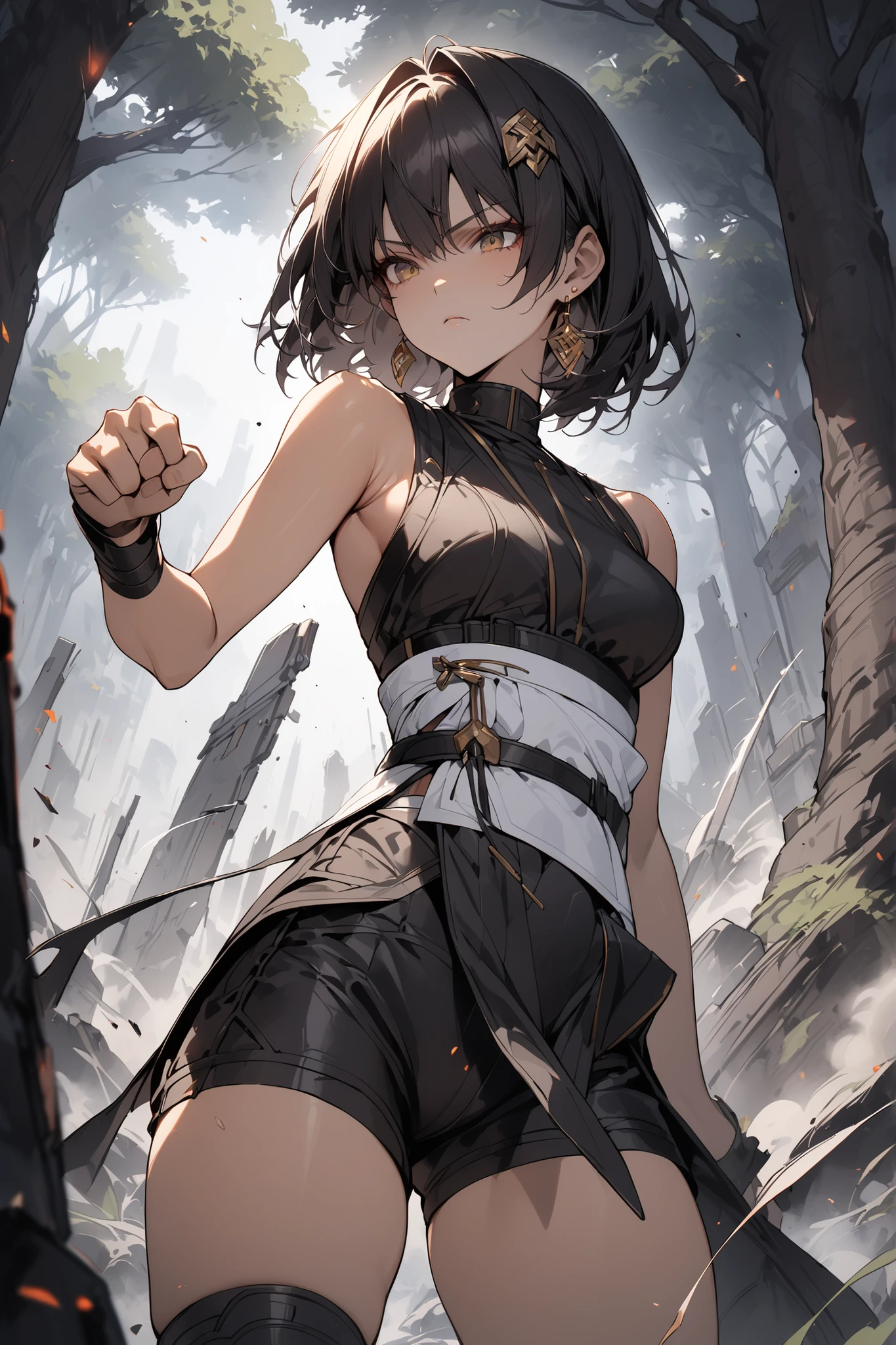 ((masterpiece,Highest Quality:1.2)),(1girl),Slender,A woman doing intense action on a dark battlefield,cowboy shot,beautiful skin,shoulder out,(Thin thighs),(open reg),(healthy tanned skin),black bob cut,Perfect brown eyes , tree eyes ,Black Drifter Sleeveless Costume,Black Shorts,(((white waist cloth))),Serious Expressionless,hair ornaments,black knee-high boots,gold earrings,Fighting Pose