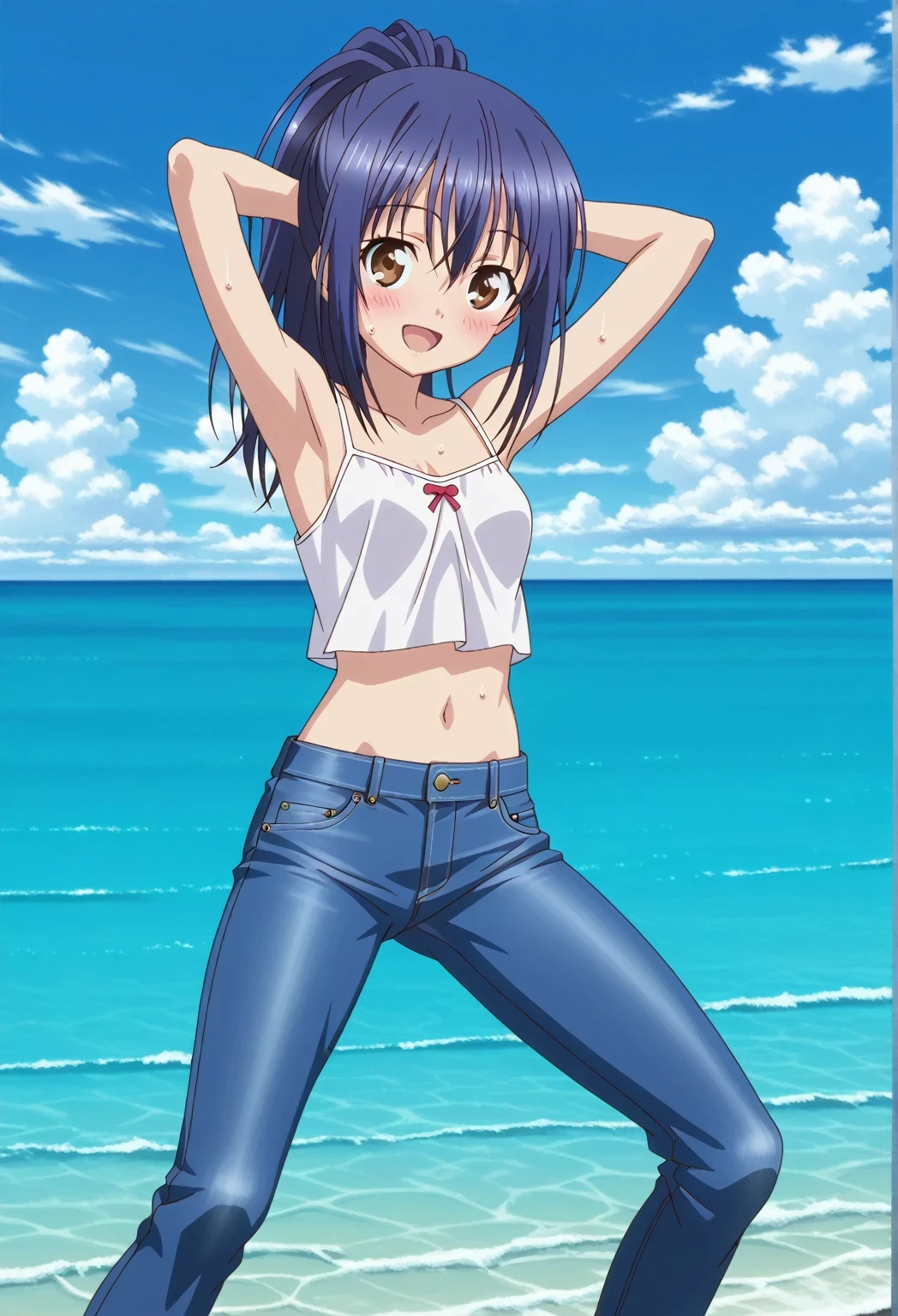 score_9, score_8_up, score_7_up, source_anime, highres, hi res, ((best quality, top quality, perfect quality, Highest Quality, amazing quality)), {{masterpiece}}, {{an extremely delicate and beautiful}}, 2d, intricate details, official style, anime, 8k, anime style, official_anime, official art, digital painting, cell shading, soft shading, high resolution, soothing tones, Subdued Color, Soft cinematic light, adobe lightroom, photolab, HDR, intricately and hyper-detailed, ((high quality animation)), 1 girl, Alone, solo, ((ocean)), tsunami, on the water, day, sunny, outdoors, sky, windy, mana takamiya, long hair, ponytail, hair between eyes, brown eyes, blue hair, sidelocks, anime screencap, small breasts, white camisole top, crop top, white crop top, best quality, hyper-detailed jeans, ((blue jeans:1.9)), (dark blue jeans:0.6), full medium body, medium shot, Open mouth, smiling, happy face, blush, sweat, standing, ((arms behind head:6.0)), bowlegged, jumping pose, action, looking at viewer, spread legs, Bend knees slightly, straight-on front view