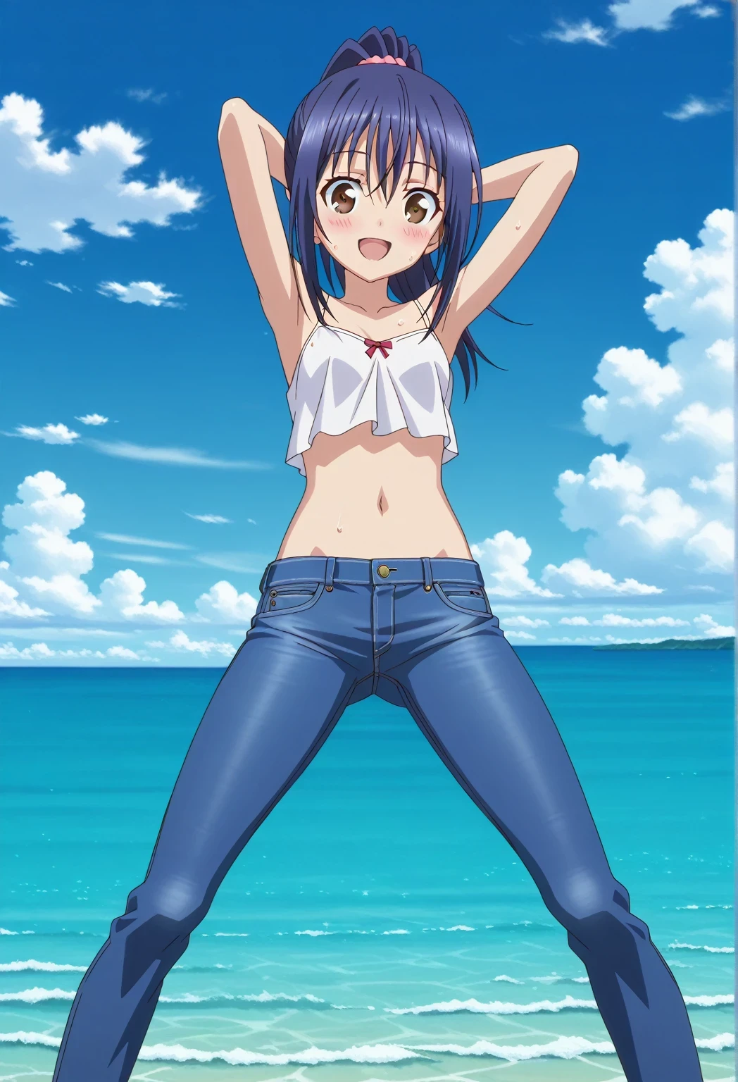 score_9, score_8_up, score_7_up, source_anime, highres, hi res, ((best quality, top quality, perfect quality, Highest Quality, amazing quality)), {{masterpiece}}, {{an extremely delicate and beautiful}}, 2d, intricate details, official style, anime, 8k, anime style, official_anime, official art, digital painting, cell shading, soft shading, high resolution, soothing tones, Subdued Color, Soft cinematic light, adobe lightroom, photolab, HDR, intricately and hyper-detailed, ((high quality animation)), 1 girl, Alone, solo, ((ocean)), tsunami, on the water, day, sunny, outdoors, sky, windy, mana takamiya, long hair, ponytail, hair between eyes, brown eyes, blue hair, sidelocks, anime screencap, small breasts, white camisole top, crop top, white crop top, best quality, hyper-detailed jeans, ((blue jeans:1.9)), (dark blue jeans:0.6), full medium body, medium shot, Open mouth, smiling, happy face, blush, sweat, standing, ((arms behind head:6.0)), bowlegged, jumping pose, action, looking at viewer, spread legs, Bend knees slightly, straight-on front view