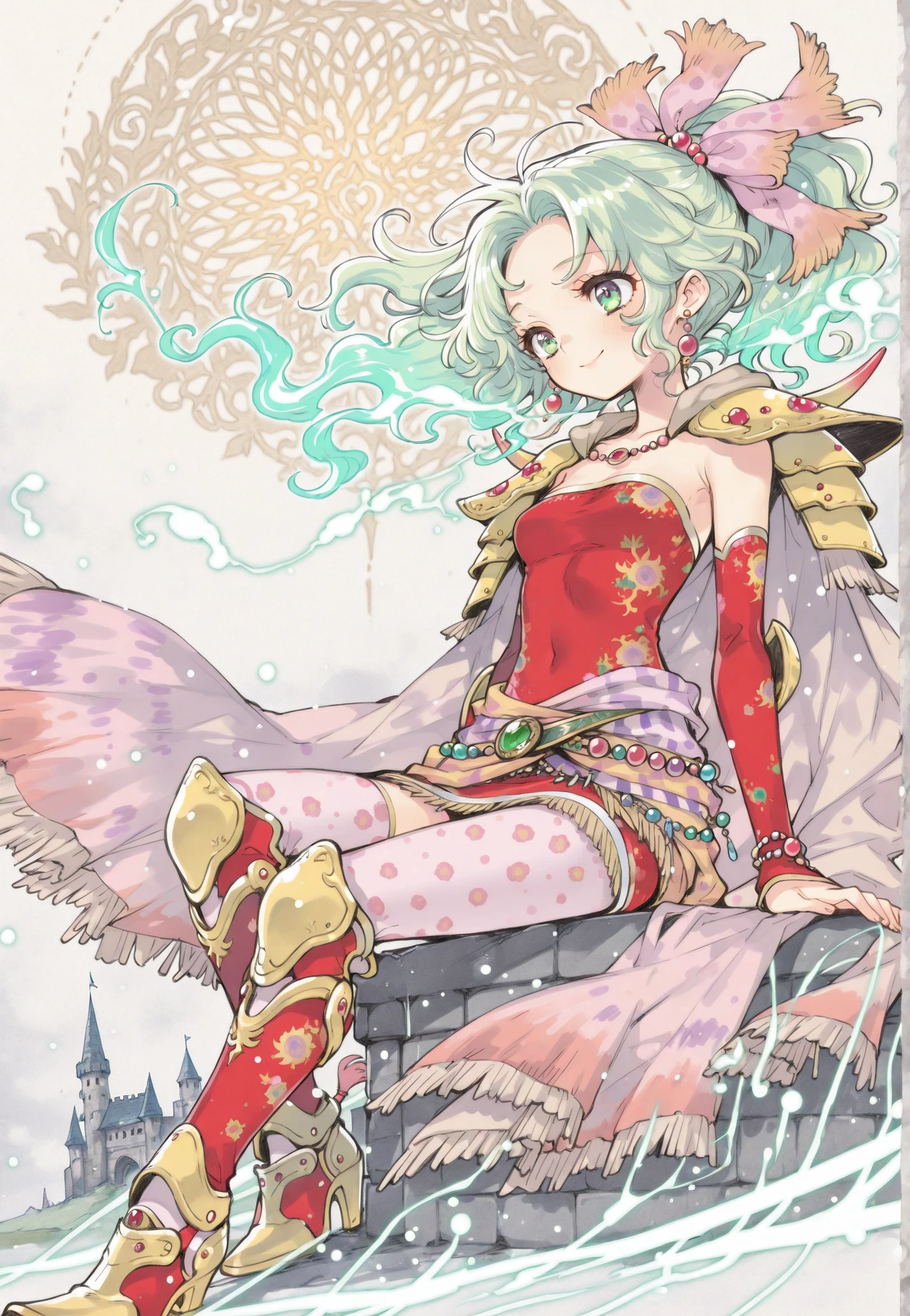 (masterpiece:1.2, highest quality, best details:1.2), ((Final Fantasy VI Terra Branford)),
(beautiful anime girl, mysterious and gentle expression, slightly melancholic smile),
(long pale green hair, wavy, flowing freely in the wind, glowing highlights),
(fantasy outfit: elegant red dress with gold embroidery, ornamental belt, flowing cape, delicate earrings),
(sitting on Magitek Armor, futuristic mechanical design with glowing parts, large armored frame, semi-organic curves),
(no weapons, only gentle pose, hands resting on armor controls),
(art style similar to Ito Noizi, light novel illustration style, delicate line art, vibrant colors),
(background: snowy battlefield, distant ruined castle walls, magical light particles in the air, ethereal atmosphere),
(beautiful detailed eyes, soft shading, vivid colors, fantasy-mecha fusion atmosphere)