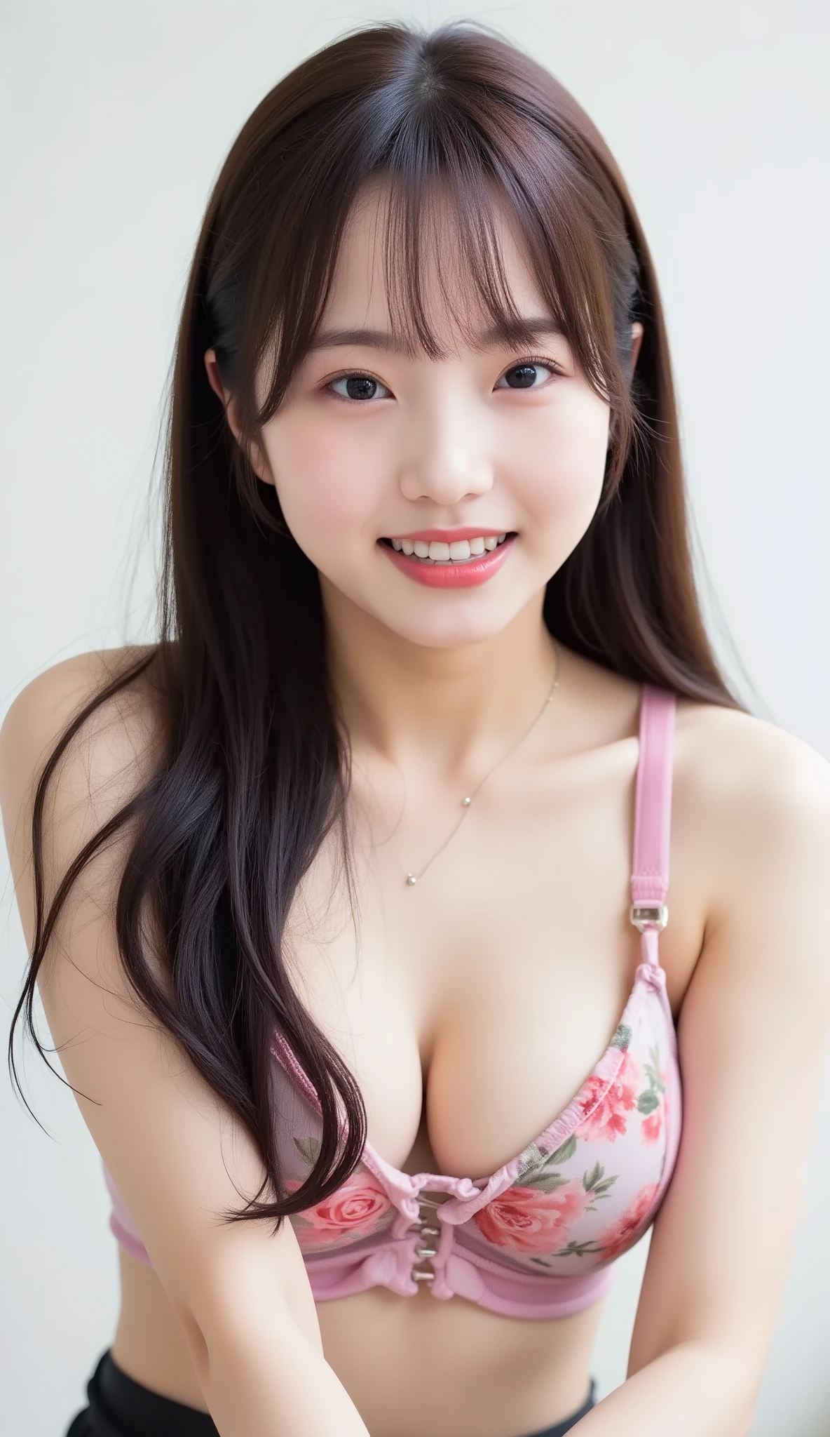 実写、shot with a Canon EOS R5, 50mm lens, f/2.8 apertur、(masterpiece,best quality:1.4)、Japanese idol、最高品質、超高解像度、8K、Full Body Shot、明るい部屋、椅子に座る、Emphasize the cleavage,(leaning forward:1.3), (hands on knees:1.3)、濃い茶髪、セミロングヘア、さらさらの髪質、medium-sized breasts、delicate shoulders、(basic bra:1.3)、rose print、silk material、Cascade frill、(撮影するたび違う色ブラジャー:1.3)、tight skirt、midi skirt、pulling down strap, strap slip、unhooking bra with both hands, arms behind back、unhooking front-clasp bra with both hands、strap gap、Seductively Posing