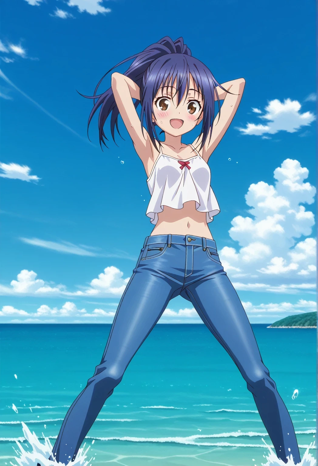 score_9, score_8_up, score_7_up, source_anime, highres, hi res, ((best quality, top quality, perfect quality, Highest Quality, amazing quality)), {{masterpiece}}, {{an extremely delicate and beautiful}}, 2d, intricate details, official style, anime, 8k, anime style, official_anime, official art, digital painting, cell shading, soft shading, high resolution, soothing tones, Subdued Color, Soft cinematic light, adobe lightroom, photolab, HDR, intricately and hyper-detailed, ((high quality animation)), 1 girl, Alone, solo, ((ocean)), tsunami, on the water, day, sunny, outdoors, sky, windy, mana takamiya, long hair, ponytail, hair between eyes, brown eyes, blue hair, sidelocks, anime screencap, small breasts, white camisole top, crop top, white crop top, best quality, hyper-detailed jeans, ((blue jeans:1.9)), (dark blue jeans:0.6), full medium body, medium shot, Open mouth, smiling, happy face, blush, sweat, standing, ((arms behind head:6.0)), bowlegged, jumping pose, action, looking at viewer, spread legs, Bend knees slightly, straight-on front view