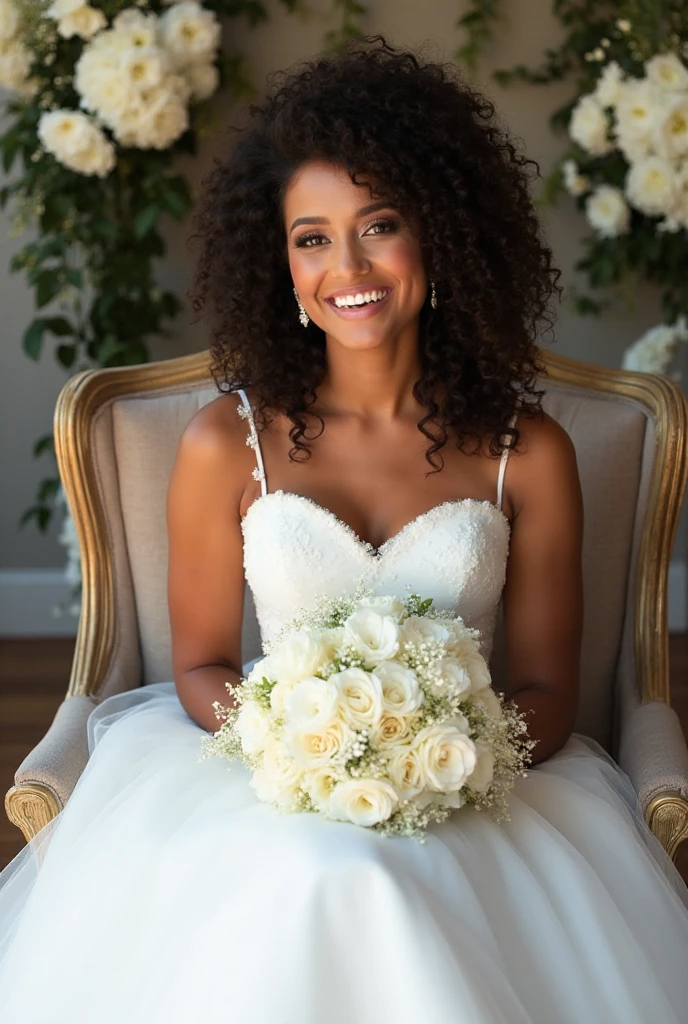 The image shows a bride with large ,with large black hair wearing a specifically detailed lace wedding dress, with details, a bouquet of pink roses and adorned with a crown and elegant jewelry. The white background features ornate wall panels and a chandelier.