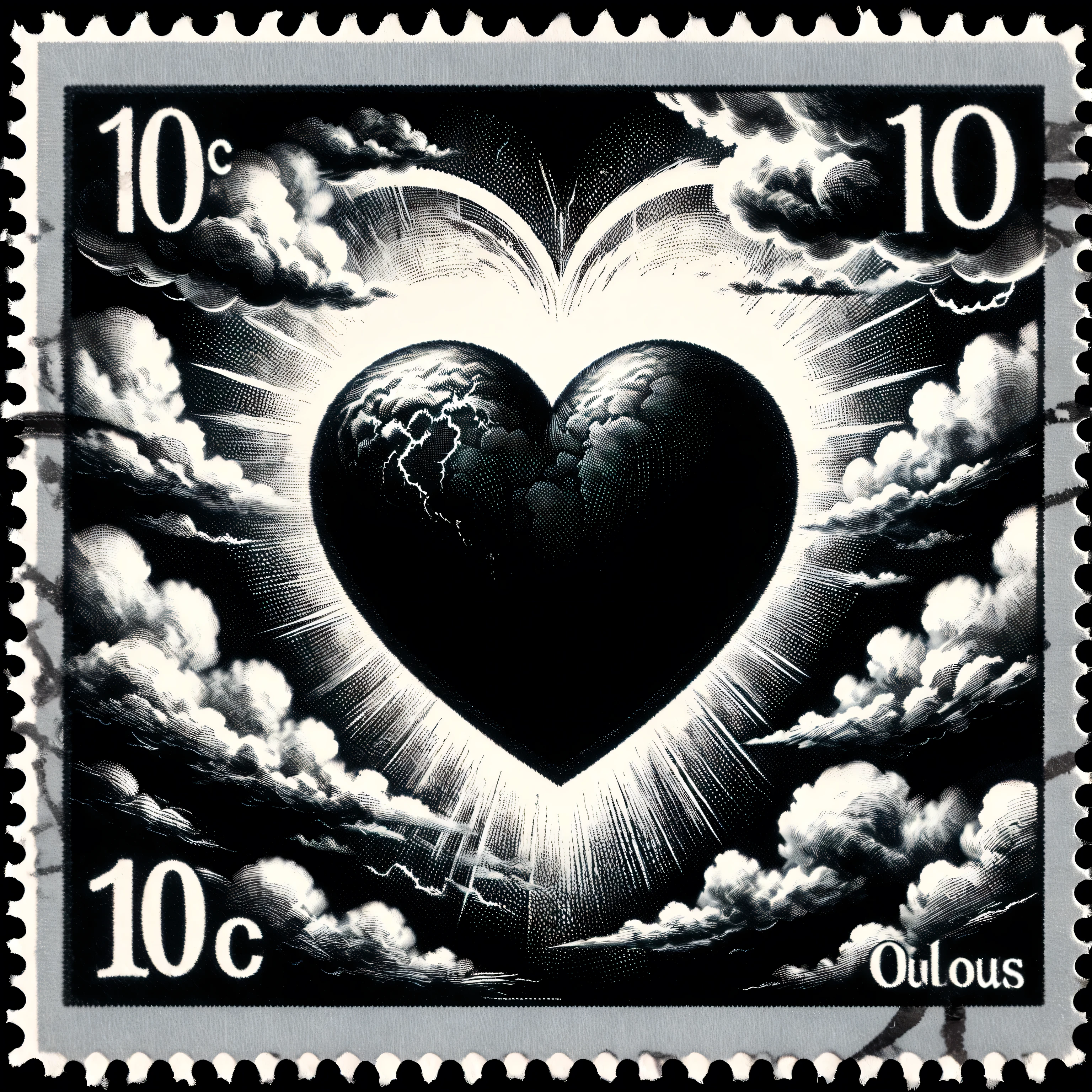 Dark postage stamp style.  A black and white stamp of a heart in mid air is caught up and being enveloped by the clouds. Ultra-realistic