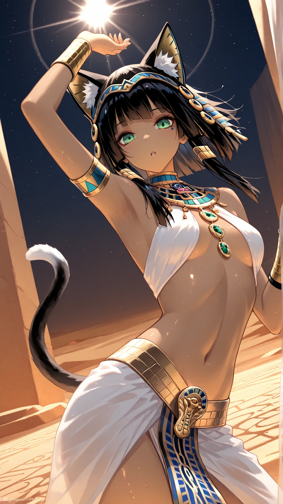 masterpiece, highest quality,
((19 years old)) girl,((Bastet in Egyptian mythology)),
Egyptian God, Egyptian Mythology, Egyptian Costume, Egyptian Gold Accessories, Mayan Clothing,
blown asymmetrical hair, completely straight,
, blown cat ear, blown cat tail,
(small breasts), Desert, Aesthetics, Beautiful Image, lens flare, (faint light), portrait, Dutch angle, Dynamic motion, ((night)), ((looking a viewer)), Dynamic lighting, ((dancing violently)),raise both hands, (伝統的な日本美術スタイル:1.4)、((大胆な原色))、(鮮やかなコントラスト)、精巧なディテール