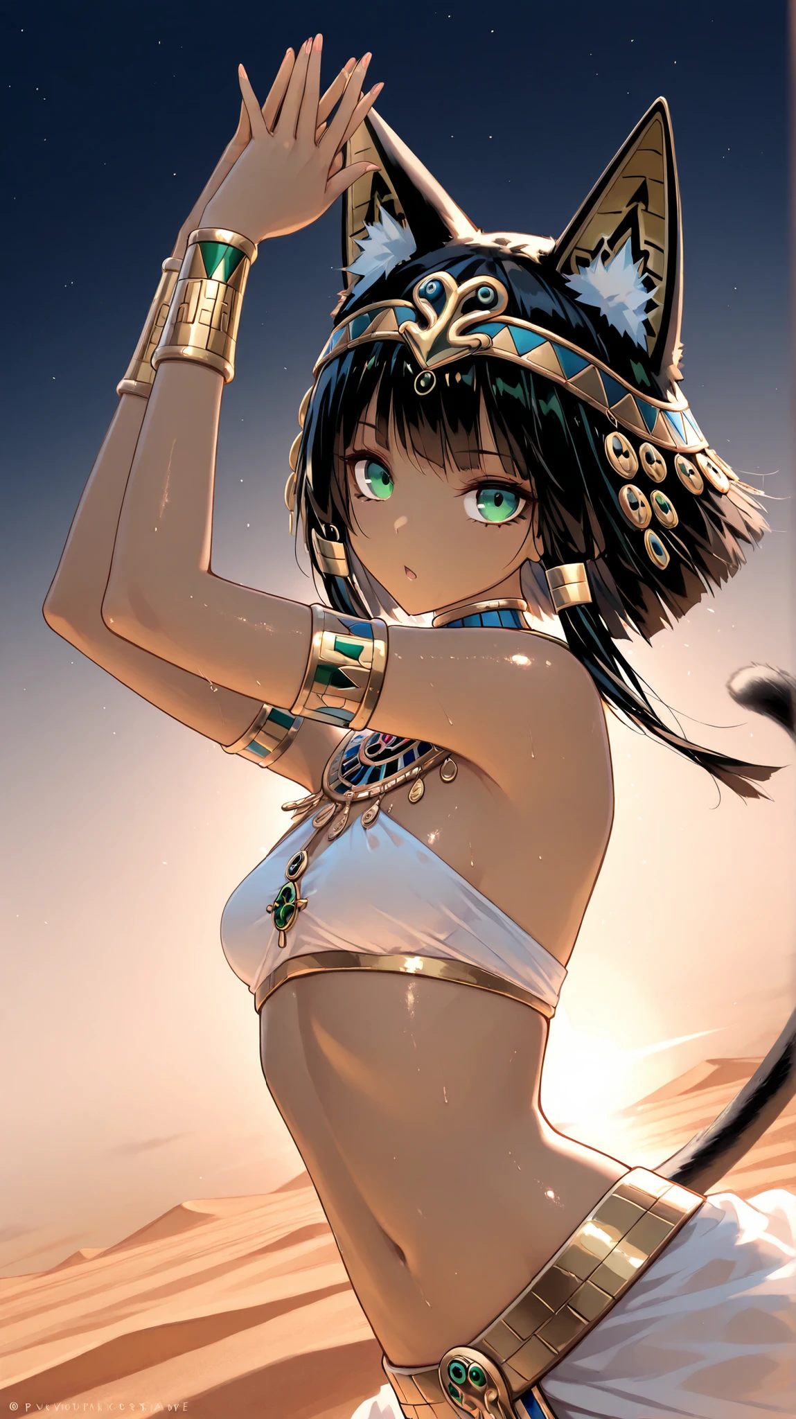 masterpiece, highest quality,
((19 years old)) girl,((Bastet in Egyptian mythology)),
Egyptian God, Egyptian Mythology, Egyptian Costume, Egyptian Gold Accessories, Mayan Clothing,
blown asymmetrical hair, completely straight,
, blown cat ear, blown cat tail,
(small breasts), Desert, Aesthetics, Beautiful Image, lens flare, (faint light), portrait, Dutch angle, Dynamic motion, ((night)), ((looking a viewer)), Dynamic lighting, ((dancing violently)),raise both hands, (伝統的な日本美術スタイル:1.4)、((大胆な原色))、(鮮やかなコントラスト)、精巧なディテール