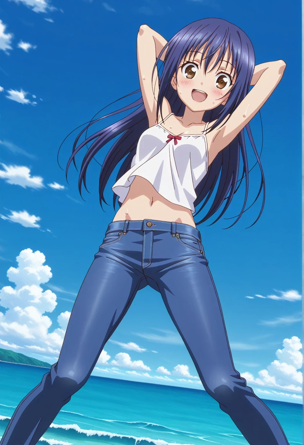 score_9, score_8_up, score_7_up, source_anime, highres, hi res, ((best quality, top quality, perfect quality, Highest Quality, amazing quality)), {{masterpiece}}, {{an extremely delicate and beautiful}}, 2d, intricate details, official style, anime, 8k, anime style, official_anime, official art, digital painting, cell shading, soft shading, high resolution, soothing tones, Subdued Color, Soft cinematic light, adobe lightroom, photolab, HDR, intricately and hyper-detailed, ((high quality animation)), 1 girl, Alone, solo, ((ocean)), tsunami, on the water, day, sunny, outdoors, sky, windy, mana takamiya, long hair, hair between eyes, brown eyes, blue hair, sidelocks, anime screencap, small breasts, white camisole top, crop top, white crop top, best quality, hyper-detailed jeans, ((blue jeans:1.9)), (dark blue jeans:0.6), full medium body, medium shot, Open mouth, smiling, happy face, blush, sweat, standing, ((arms behind head:6.0)), bowlegged, jumping pose, action, looking at viewer, spread legs, Bend knees slightly, straight-on front view