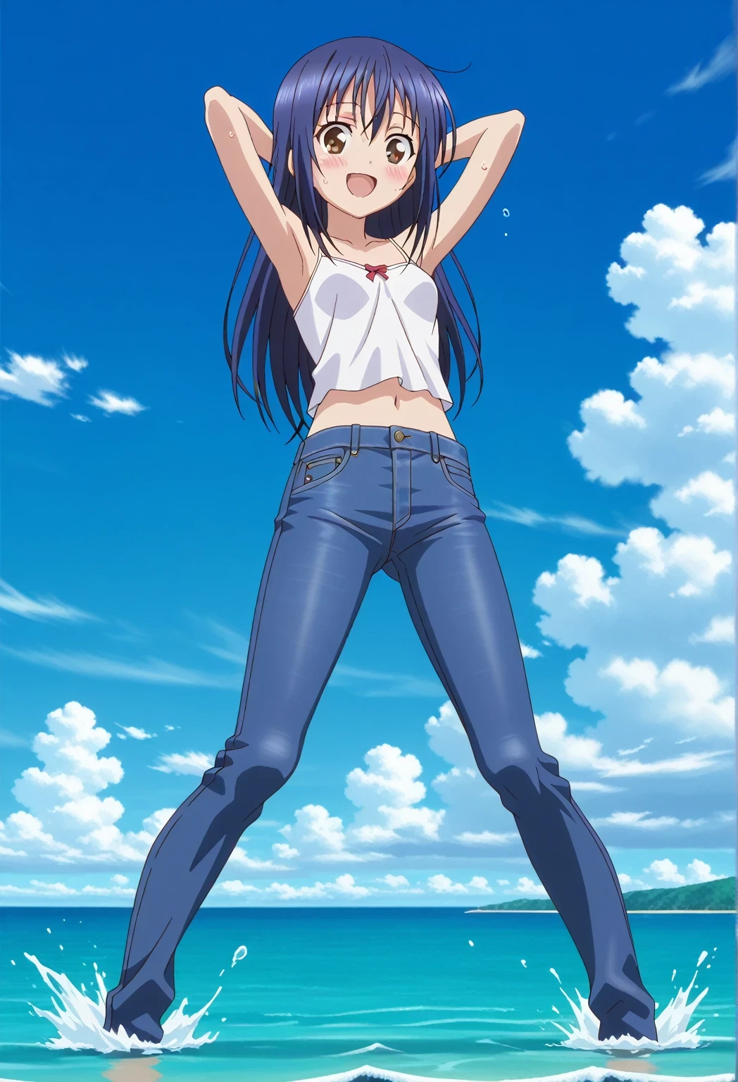 score_9, score_8_up, score_7_up, source_anime, highres, hi res, ((best quality, top quality, perfect quality, Highest Quality, amazing quality)), {{masterpiece}}, {{an extremely delicate and beautiful}}, 2d, intricate details, official style, anime, 8k, anime style, official_anime, official art, digital painting, cell shading, soft shading, high resolution, soothing tones, Subdued Color, Soft cinematic light, adobe lightroom, photolab, HDR, intricately and hyper-detailed, ((high quality animation)), 1 girl, Alone, solo, ((ocean)), tsunami, on the water, day, sunny, outdoors, sky, windy, mana takamiya, long hair, hair between eyes, brown eyes, blue hair, sidelocks, anime screencap, small breasts, white camisole top, crop top, white crop top, best quality, hyper-detailed jeans, ((blue jeans:1.9)), (dark blue jeans:0.6), full medium body, medium shot, Open mouth, smiling, happy face, blush, sweat, standing, ((arms behind head:6.0)), bowlegged, sliding pose, action, looking at viewer, spread legs, Bend knees slightly, straight-on front view