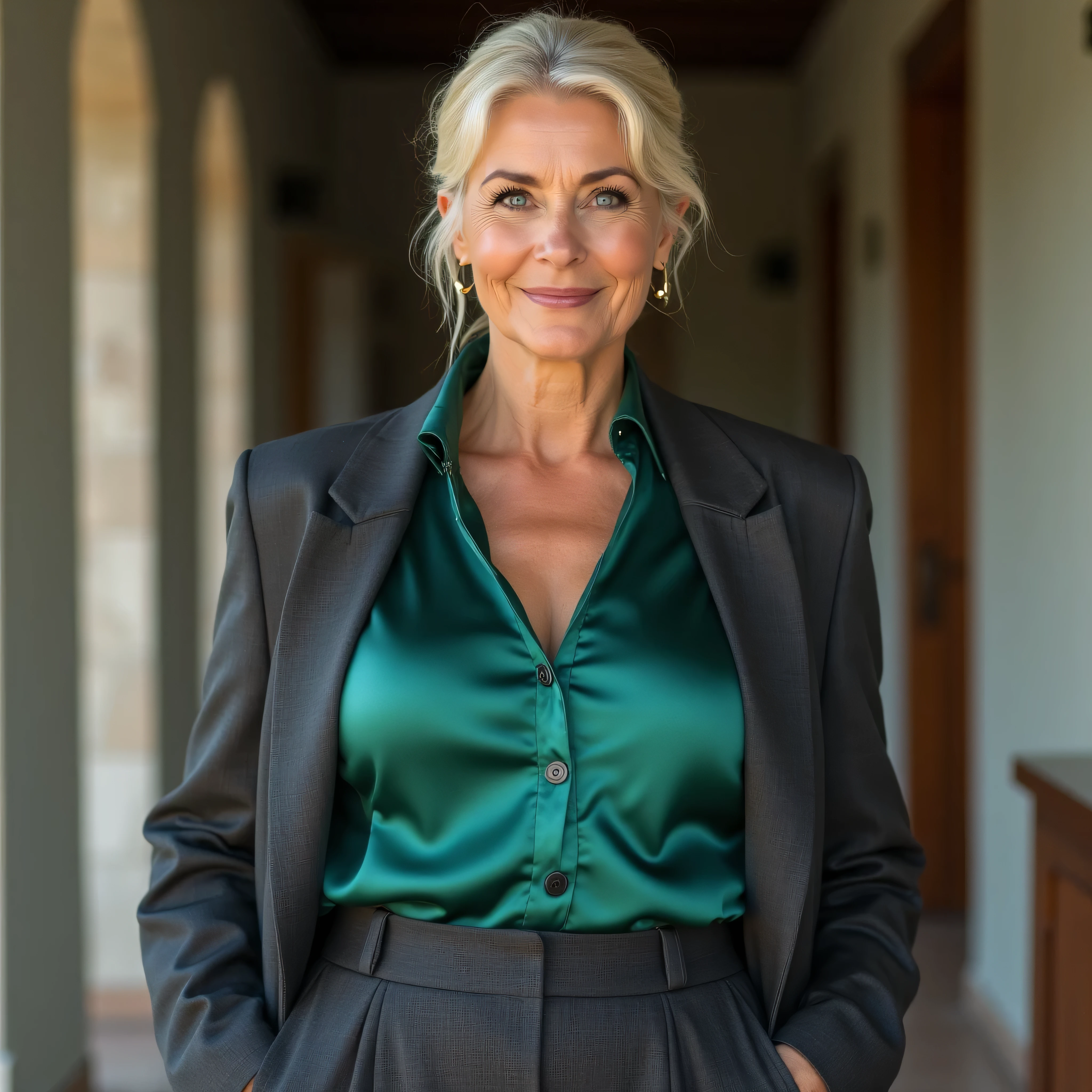 A realistic, high resolution photograph of a tall, beautiful European woman in her 50''s; full body frontal view facing the camera with her arms at her sides looking at the camera. There is extra space in the photo above her head. She has a tall, hourglass, fashion model figure with large rounded, uplifted breasts, large hips, and a slim waist. She has short cream blonde hair with naturally cream blonde roots pulled tightly back in a low bun that is not visible. Her hair has natural blonde roots and there are no loose strands. She has a perfect, beautiful face, a small nose and a short, thick neck. She has grey eyes and a vanilla complexion. Her lips are slightly open and she has a mischievous smirk. She is wearing a sea green satin blouse, a dark grey skirt a and dark grey woman's blazer. The rounds of her breasts are well defined beneath her clothing and you can see a bit of cleavage. There is no one else in the photo. There is extra space above the subject’s head and centered composition — suitable for magazine-style layout or cinematic framing.