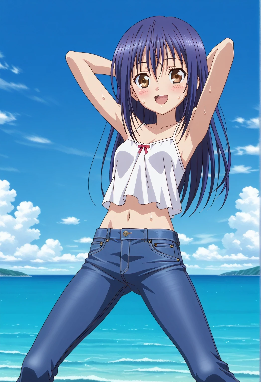score_9, score_8_up, score_7_up, source_anime, highres, hi res, ((best quality, top quality, perfect quality, Highest Quality, amazing quality)), {{masterpiece}}, {{an extremely delicate and beautiful}}, 2d, intricate details, official style, anime, 8k, anime style, official_anime, official art, digital painting, cell shading, soft shading, high resolution, soothing tones, Subdued Color, Soft cinematic light, adobe lightroom, photolab, HDR, intricately and hyper-detailed, ((high quality animation)), 1 girl, Alone, solo, ((ocean)), tsunami, on the water, day, sunny, outdoors, sky, windy, mana takamiya, long hair, hair between eyes, brown eyes, blue hair, sidelocks, anime screencap, small breasts, white camisole top, crop top, white crop top, best quality, hyper-detailed jeans, ((blue jeans:1.9)), (dark blue jeans:0.6), full medium body, medium shot, Open mouth, smiling, happy face, blush, sweat, standing, ((arms behind head:6.0)), bowlegged, sliding pose, action, looking at viewer, spread legs, Bend knees slightly, straight-on front view