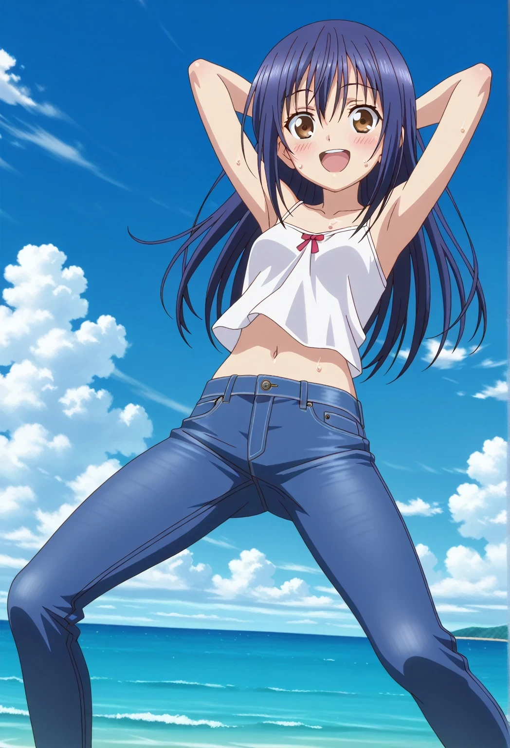 score_9, score_8_up, score_7_up, source_anime, highres, hi res, ((best quality, top quality, perfect quality, Highest Quality, amazing quality)), {{masterpiece}}, {{an extremely delicate and beautiful}}, 2d, intricate details, official style, anime, 8k, anime style, official_anime, official art, digital painting, cell shading, soft shading, high resolution, soothing tones, Subdued Color, Soft cinematic light, adobe lightroom, photolab, HDR, intricately and hyper-detailed, ((high quality animation)), 1 girl, Alone, solo, ((ocean)), tsunami, on the water, day, sunny, outdoors, sky, windy, mana takamiya, long hair, hair between eyes, brown eyes, blue hair, sidelocks, anime screencap, small breasts, white camisole top, crop top, white crop top, best quality, hyper-detailed jeans, ((blue jeans:1.9)), (dark blue jeans:0.6), full medium body, medium shot, Open mouth, smiling, happy face, blush, sweat, standing, ((arms behind head:6.0)), bowlegged, jumping pose, action, looking at viewer, spread legs, Bend knees slightly, straight-on front view