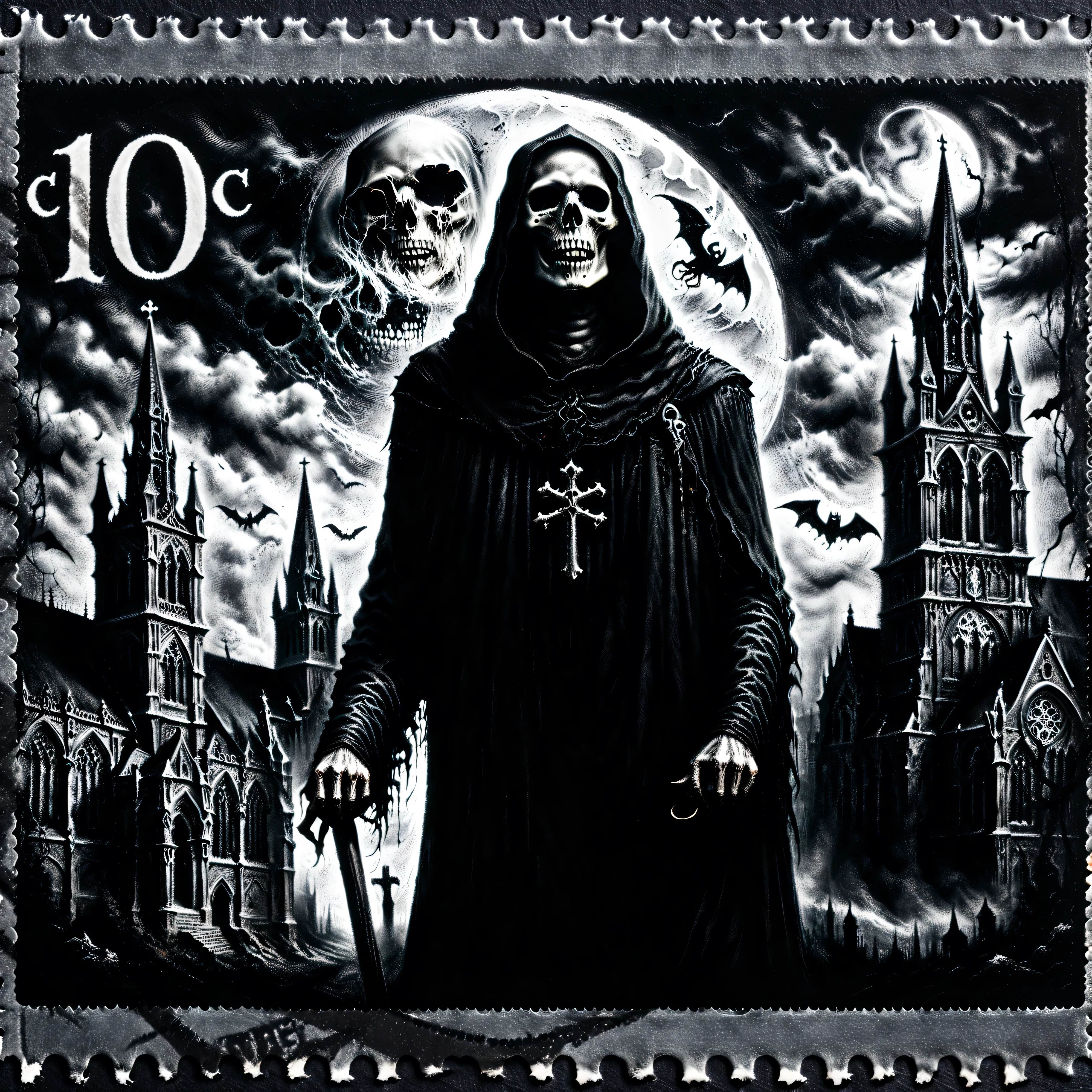 Dark fantasy postage stamp style, black and white, The Grim Reaper. Ultra-realistic, photo-realistic, cinematic, dark moody lighting, gothic cathedral background, dark clouds, dramatic shadows, fine details, photorealistic, 8K, ultra-detailed, professional, dramatic, chiaroscuro, dark fantasy, gothic horror, spooky atmosphere, creepy creepstyle, masterpiece 