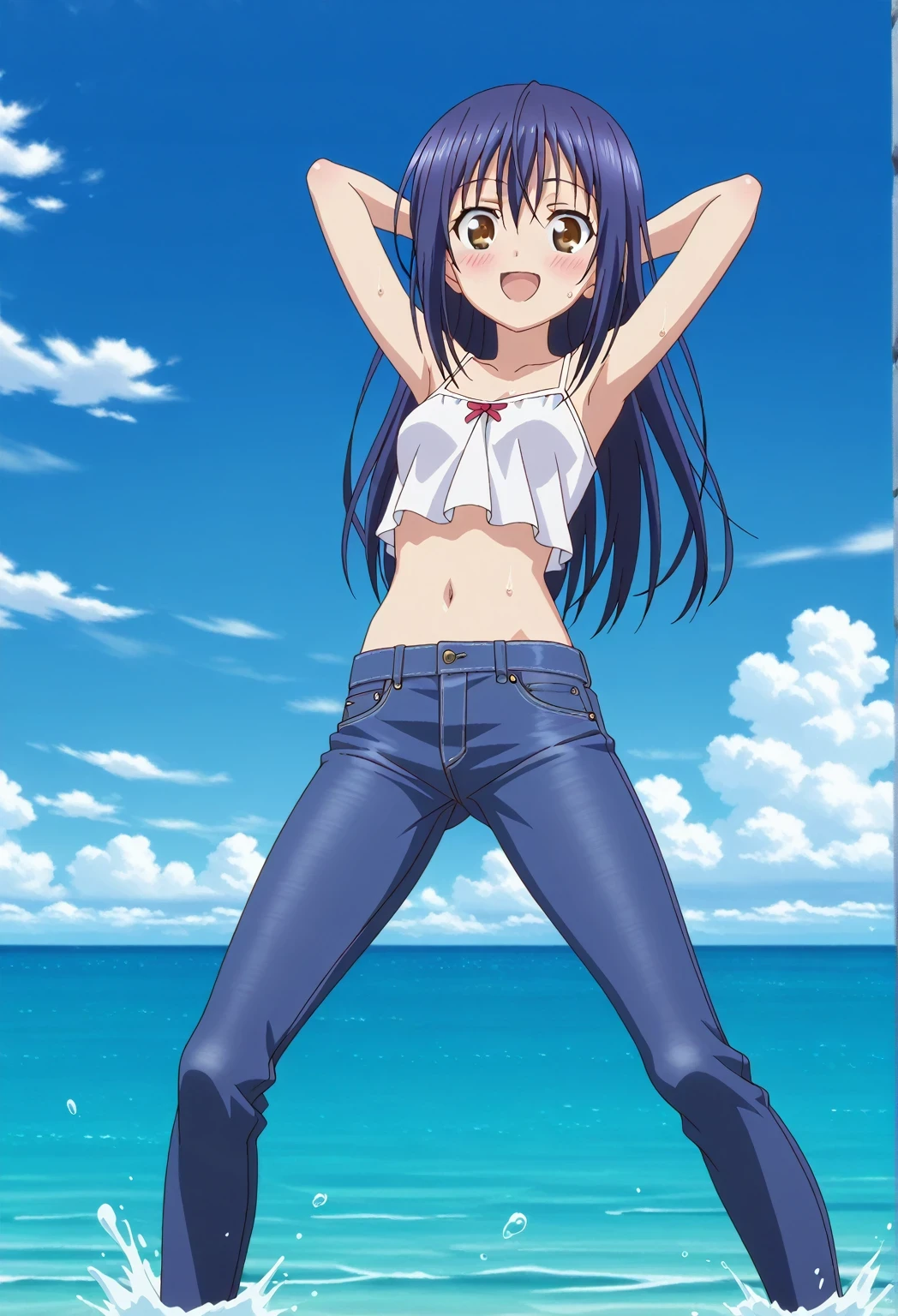 score_9, score_8_up, score_7_up, source_anime, highres, hi res, ((best quality, top quality, perfect quality, Highest Quality, amazing quality)), {{masterpiece}}, {{an extremely delicate and beautiful}}, 2d, intricate details, official style, anime, 8k, anime style, official_anime, official art, digital painting, cell shading, soft shading, high resolution, soothing tones, Subdued Color, Soft cinematic light, adobe lightroom, photolab, HDR, intricately and hyper-detailed, ((high quality animation)), 1 girl, Alone, solo, ((ocean)), tsunami, on the water, day, sunny, outdoors, sky, windy, mana takamiya, long hair, hair between eyes, brown eyes, blue hair, sidelocks, anime screencap, small breasts, white camisole top, crop top, white crop top, best quality, hyper-detailed jeans, ((blue jeans:1.9)), (dark blue jeans:0.6), full medium body, medium shot, Open mouth, smiling, happy face, blush, sweat, standing, ((arms behind head:6.0)), bowlegged, sliding pose, action, looking at viewer, spread legs, Bend knees slightly, straight-on front view