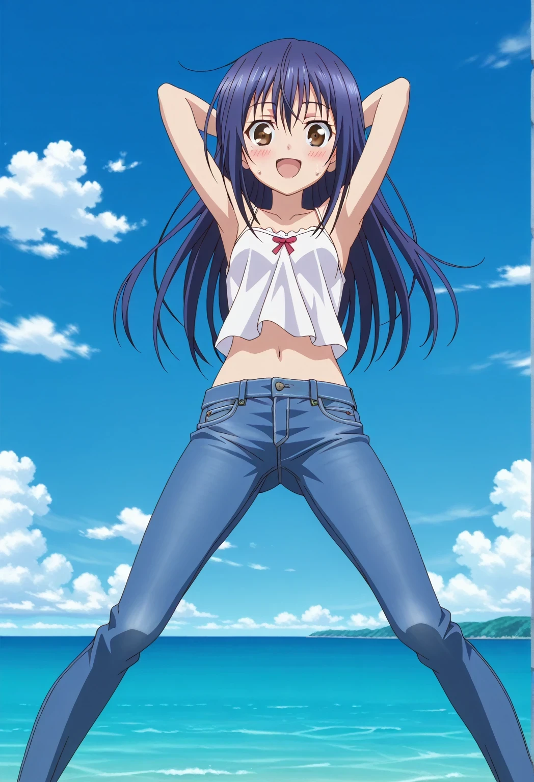score_9, score_8_up, score_7_up, source_anime, highres, hi res, ((best quality, top quality, perfect quality, Highest Quality, amazing quality)), {{masterpiece}}, {{an extremely delicate and beautiful}}, 2d, intricate details, official style, anime, 8k, anime style, official_anime, official art, digital painting, cell shading, soft shading, high resolution, soothing tones, Subdued Color, Soft cinematic light, adobe lightroom, photolab, HDR, intricately and hyper-detailed, ((high quality animation)), 1 girl, Alone, solo, ((ocean)), tsunami, on the water, day, sunny, outdoors, sky, windy, mana takamiya, long hair, hair between eyes, brown eyes, blue hair, sidelocks, anime screencap, small breasts, white camisole top, crop top, white crop top, best quality, hyper-detailed jeans, ((blue jeans:1.9)), (dark blue jeans:0.6), full medium body, medium shot, Open mouth, smiling, happy face, blush, sweat, standing, ((arms behind head:6.0)), bowlegged, jumping pose, action, looking at viewer, spread legs, Bend knees slightly, straight-on front view