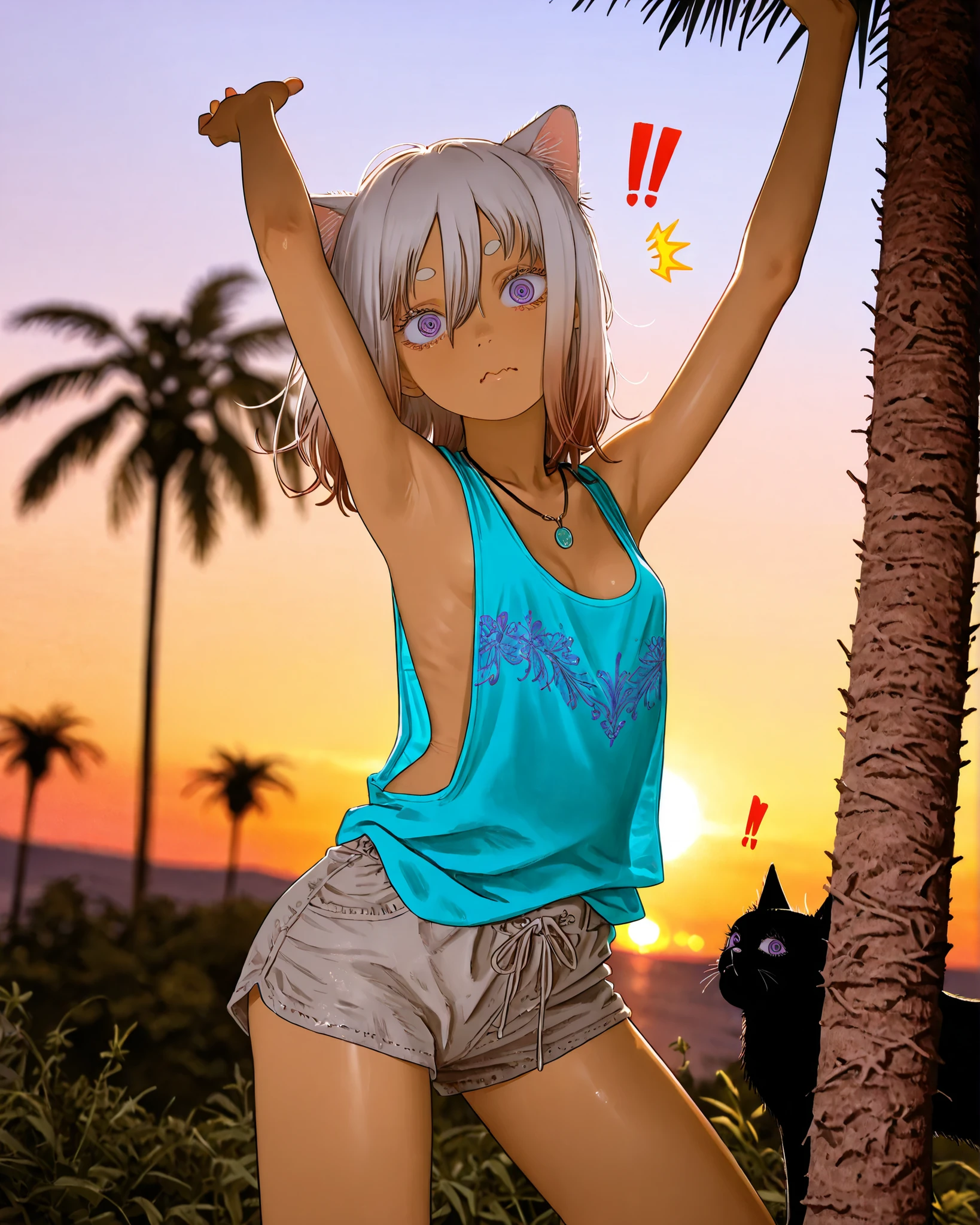 fujimoto, ((FujimotoMangaStyle)), ((Fujimoto Tatsuki style)), ((Masterpiece)), ((best quality, amazing quality)), ((very aesthetic, absurdres, newest)), ((detailed background, negative space, blurry background, depth of field, Asymmetrical background)), (dynamic angle, wide shot, from side), ((1girl, cute young girl)), (backlighting), ((brown-skin)), (Healthy Gaunt body, Textured skin, small breast, cleavage, tilt head), Glossy hair, (hair between eyes, long bangs, long side bangs), (medium hair, platinum-gold hair, gradient hair), put on cat ears, ((!!, ^^^)), (surprised face), wavy mouth, open mouth, (ringed eyes, pale purple eyes, glitter eyes, gradient eyes, looking at viewer), big eyes, (short eyebrows), glossy lips, pouty lips, (lower eyelashes), BREAK, ((loose tanktop, Childish white tanktop, indigo blue embroidery, sheer tanktop, low-cut armhole, slightly exposed sideboob)), (see-through silhouette:0.7),  Beautiful collarbones, (Ethnic gray medium shorts), ((loose arms up)), primitive decorative necklace, (contrapposto on the tropical country, legs apart), palm tree, outdoor, tropical country, Beautiful Horizon landscape, Tanktop fluttering in the wind, (sunset, twilight),