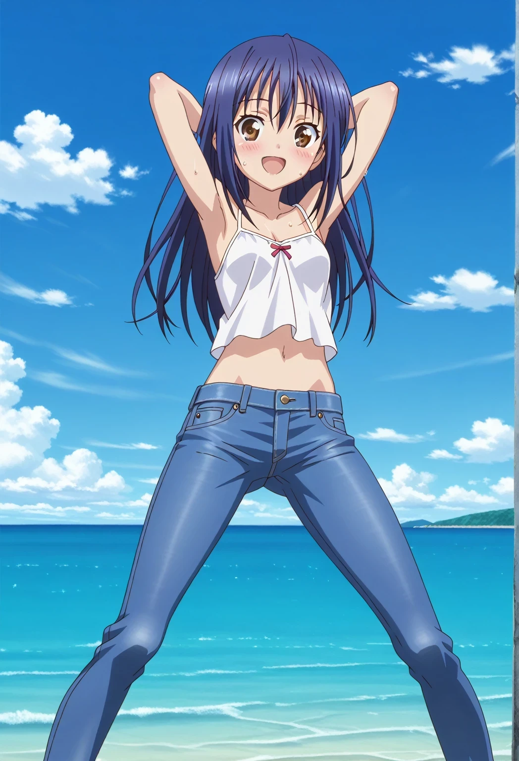score_9, score_8_up, score_7_up, source_anime, highres, hi res, ((best quality, top quality, perfect quality, Highest Quality, amazing quality)), {{masterpiece}}, {{an extremely delicate and beautiful}}, 2d, intricate details, official style, anime, 8k, anime style, official_anime, official art, digital painting, cell shading, soft shading, high resolution, soothing tones, Subdued Color, Soft cinematic light, adobe lightroom, photolab, HDR, intricately and hyper-detailed, ((high quality animation)), 1 girl, Alone, solo, ((ocean)), tsunami, on the water, day, sunny, outdoors, sky, windy, mana takamiya, long hair, hair between eyes, brown eyes, blue hair, sidelocks, anime screencap, small breasts, white camisole top, crop top, white crop top, best quality, hyper-detailed jeans, ((blue jeans:1.9)), (dark blue jeans:0.6), full medium body, medium shot, Open mouth, smiling, happy face, blush, sweat, standing, ((arms behind head:6.0)), bowlegged, jumping pose, action, looking at viewer, spread legs, Bend knees slightly, straight-on front view