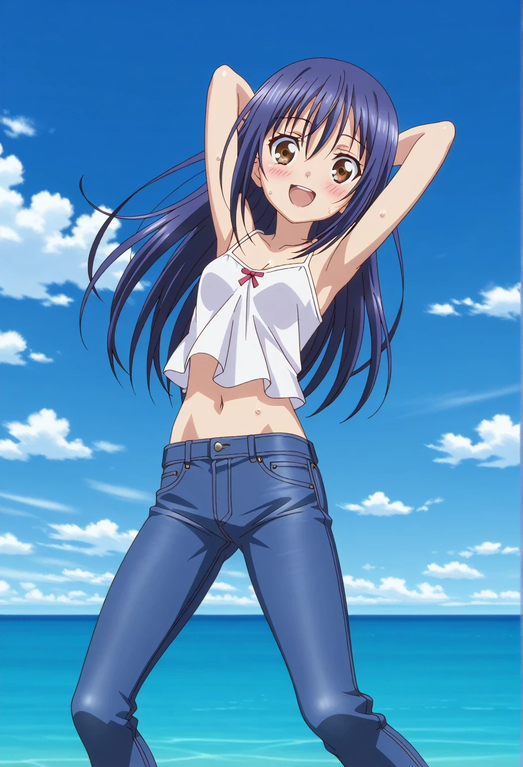 score_9, score_8_up, score_7_up, source_anime, highres, hi res, ((best quality, top quality, perfect quality, Highest Quality, amazing quality)), {{masterpiece}}, {{an extremely delicate and beautiful}}, 2d, intricate details, official style, anime, 8k, anime style, official_anime, official art, digital painting, cell shading, soft shading, high resolution, soothing tones, Subdued Color, Soft cinematic light, adobe lightroom, photolab, HDR, intricately and hyper-detailed, ((high quality animation)), 1 girl, Alone, solo, ((ocean)), tsunami, on the water, day, sunny, outdoors, sky, windy, mana takamiya, long hair, hair between eyes, brown eyes, blue hair, sidelocks, anime screencap, small breasts, white camisole top, crop top, white crop top, best quality, hyper-detailed jeans, ((blue jeans:1.9)), (dark blue jeans:0.6), full medium body, medium shot, Open mouth, smiling, happy face, blush, sweat, standing, ((arms behind head:6.0)), bowlegged, jumping pose, action, looking at viewer, spread legs, Bend knees slightly, straight-on front view