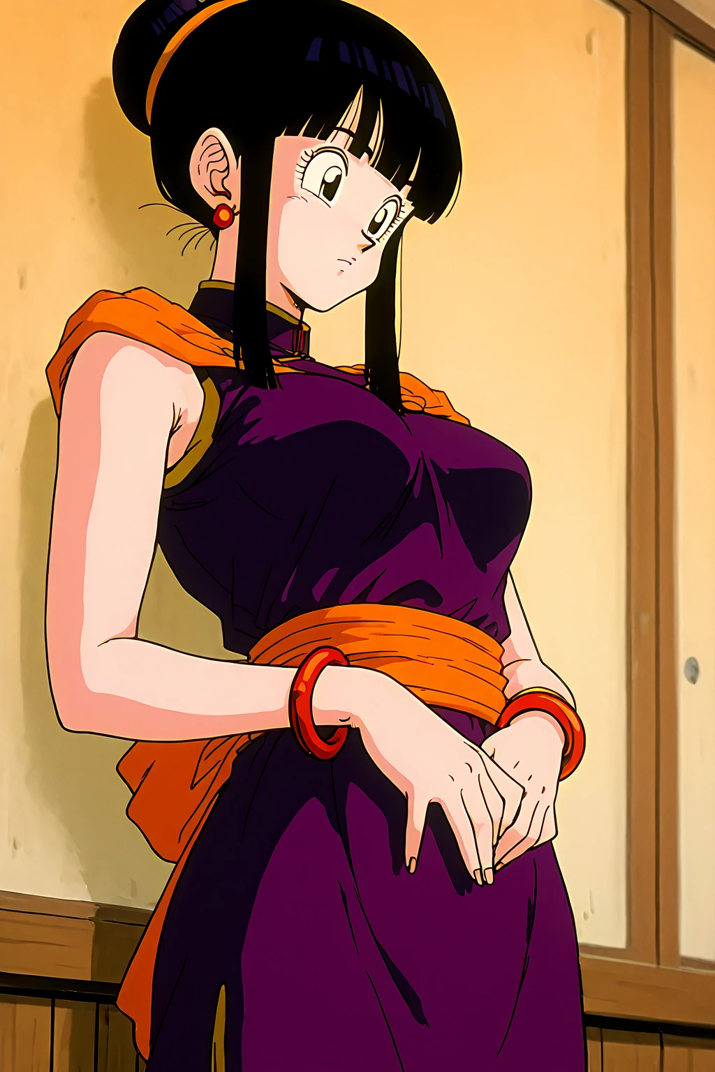 source_anime, score_9, score_8_up, score_7_up, anime screencap,8k, absurd res,
chi-chi, 1girl, solo, looking at viewer, bangs, black hair, purple dress, jewelry, closed mouth, standing, sidelocks, earrings, single hair bun, anime coloring, retro artstyle, sleeveless, day, cloud, hair bun, black eyes, red bracelet, chinese clothes, clenched hands, serious, looking at viewer, (orange neckerchief), yellow sash, 1990s \(style\), arms at sides, bare legs, cowboy shot, kame house, outdoors, pink house, red roof, weather vane, palm tree, beach chair, bush, grass, ocean, island, sand, porch, window, green door, english text, ((ultra huge breasts:1.3, ultra huge cleavages:1.3, ultra huge boob:1.3, ultra huge tits:1.3)), (nsfw), 
 