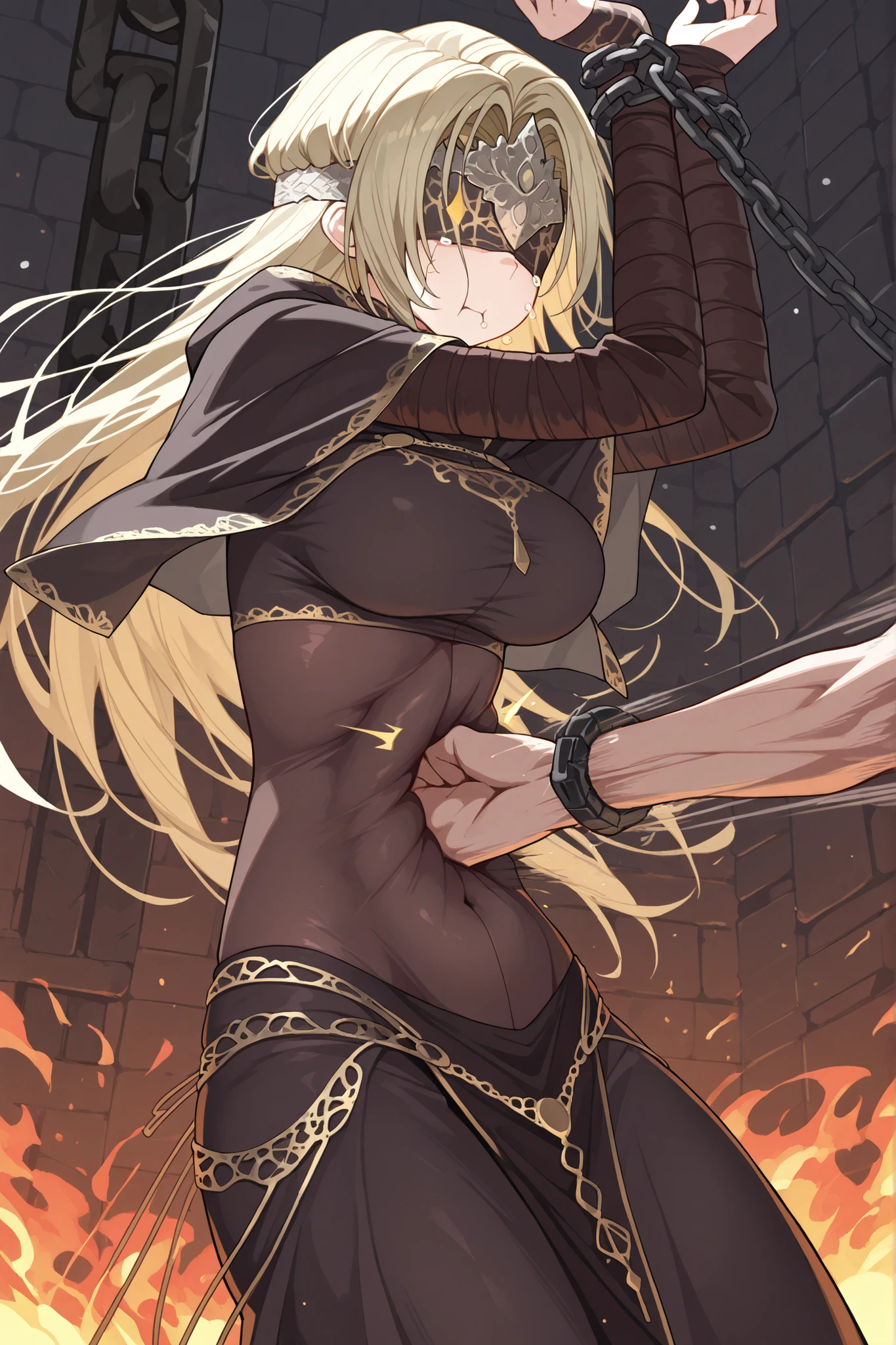 Masterpiece,best quality,highres,Super detailed,very detailed,highest quality,super detailed,high quality,high-definition,extremely detailed,absurdres,perfect light,outdoors,hanging all hands over head higher,hanging two hands over head higher,((((chain restrict her wrist)))),sexy,sexy belly line,Sexy belly line,Sexy Belly Line,navel punch,Navel punch,Navel Punch,(((((bellypunching,Bellypunching,Belly punching,Belly Punching,navel punch,Navel punch,Navel Punch,belly punching:1.2))))),
*//*,Fire keeper,blonde hair,long hair,silver circlet over her blindfold,breasts,black dress,taut cloth,impossible cloth,navel,covered navel,slim waist,
*//*,looking at viewer,small tears,closed mouse