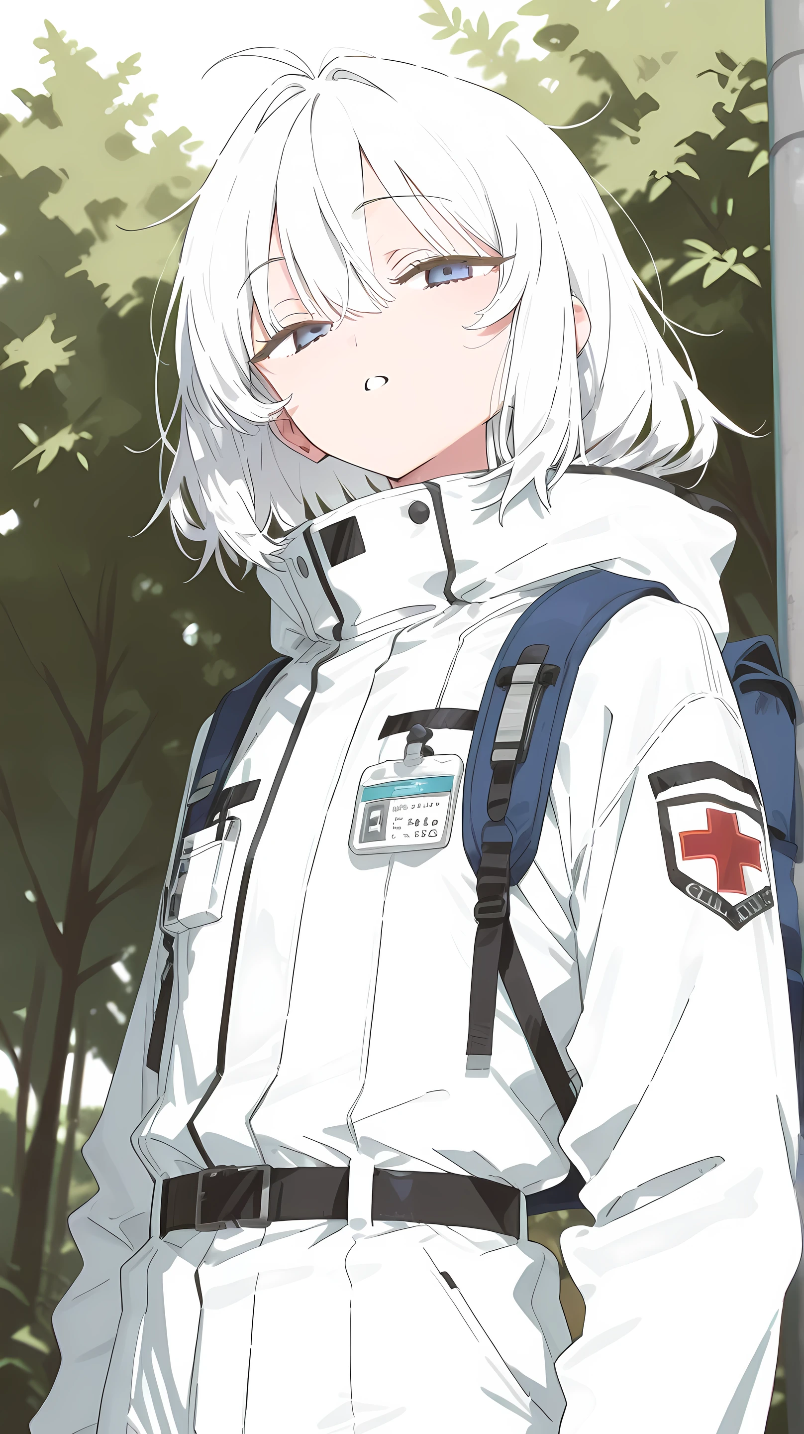 Anime man with short straight and messy hair, Soft grow white hair color, grow blue eyes color with white sparking, Wearing long white scientist suit with name tag, belt with high-tech medic accesories and small backpack, calm face, full-body scale picture, day tone picture
