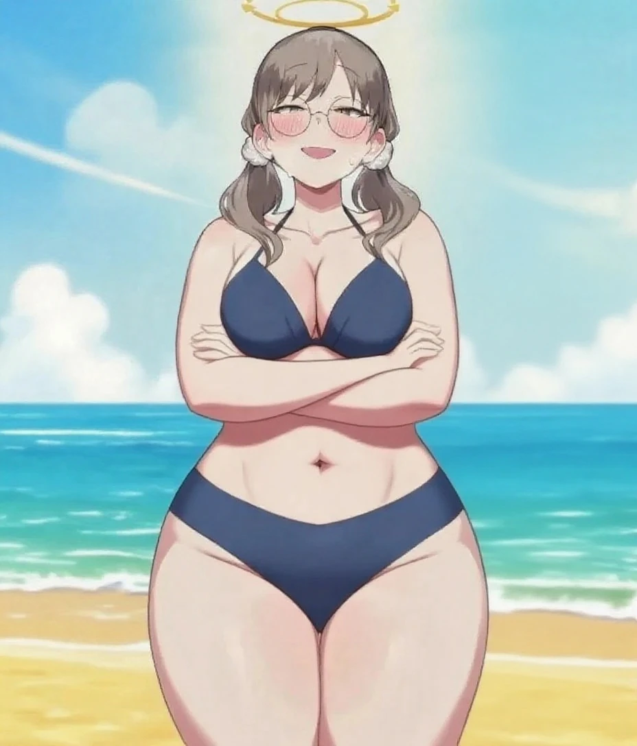 (masterpiece:1.2, best quality:1.2, beautiful:1.1, high quality, 4k:1.1, aesthetic), detailed, extremely detailed, ambient soft lighting, flawless, hires, 1girl, solo, , , plump, thick thighs, arms at sides, brown hair, blue eyes, beach, chubby belly. fat belly. wide .