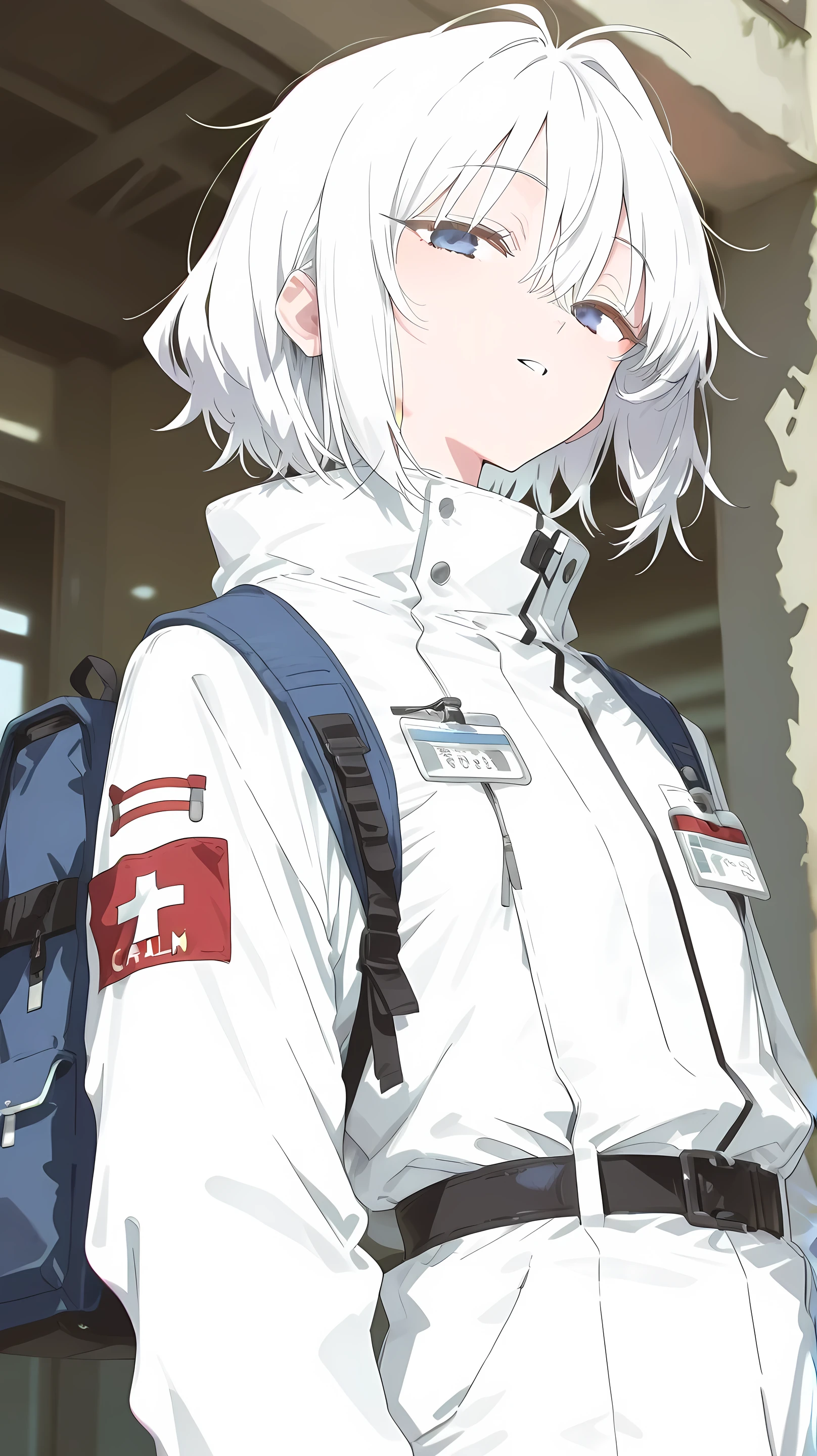 Anime man with short straight and messy hair, Soft grow white hair color, grow blue eyes color with white sparking, Wearing long white scientist suit with name tag, belt with high-tech medic accesories and small backpack, calm face, full-body scale picture, day tone picture