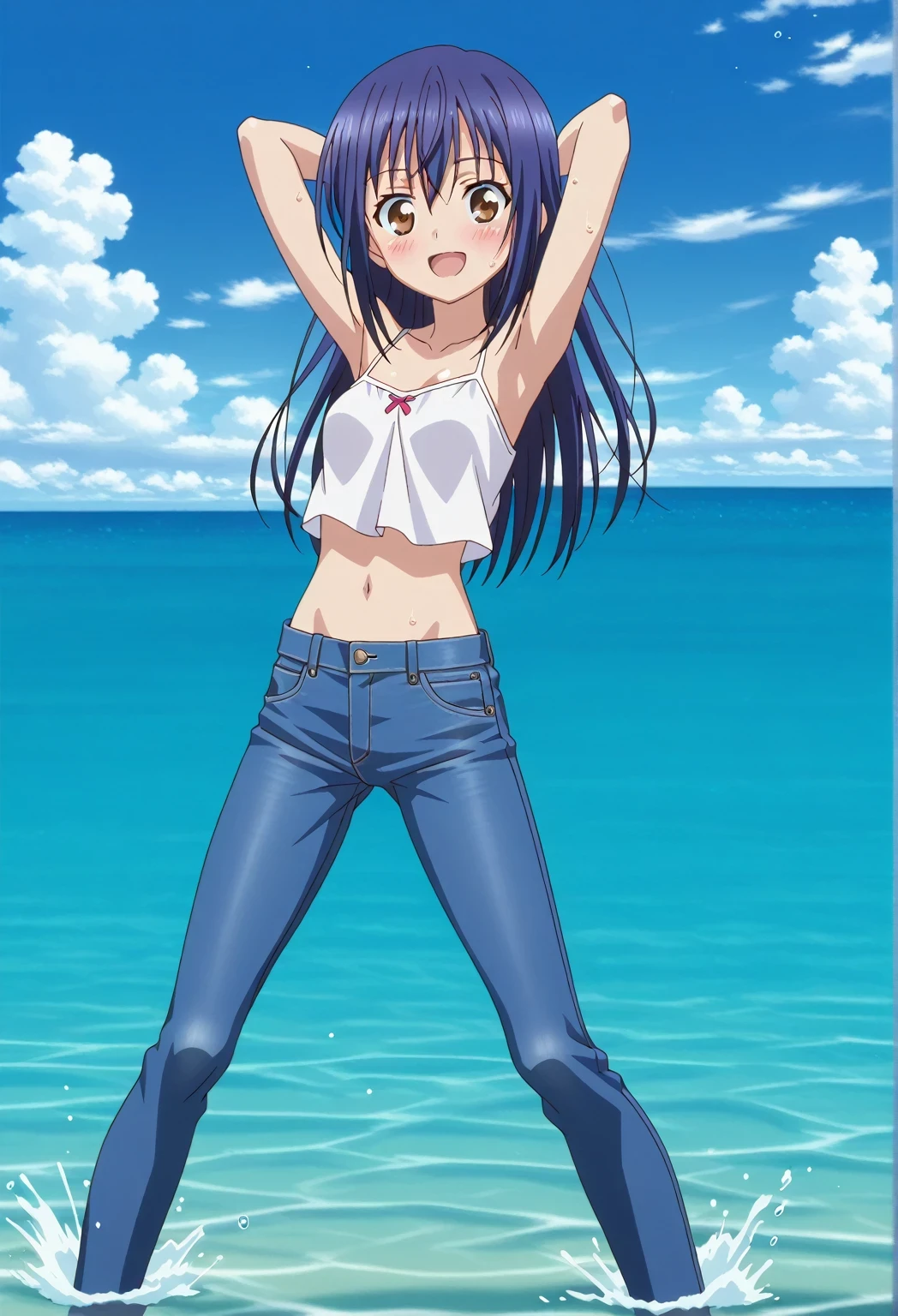 score_9, score_8_up, score_7_up, source_anime, highres, hi res, ((best quality, top quality, perfect quality, Highest Quality, amazing quality)), {{masterpiece}}, {{an extremely delicate and beautiful}}, 2d, intricate details, official style, anime, 8k, anime style, official_anime, official art, digital painting, cell shading, soft shading, high resolution, soothing tones, Subdued Color, Soft cinematic light, adobe lightroom, photolab, HDR, intricately and hyper-detailed, ((high quality animation)), 1 girl, Alone, solo, ((ocean)), tsunami, on the water, day, sunny, outdoors, sky, windy, mana takamiya, long hair, hair between eyes, brown eyes, blue hair, sidelocks, anime screencap, small breasts, white camisole top, crop top, white crop top, best quality, hyper-detailed jeans, ((blue jeans:1.9)), (dark blue jeans:0.6), full medium body, medium shot, Open mouth, smiling, happy face, blush, sweat, standing, ((arms behind head:6.0)), bowlegged, sliding pose, action, looking at viewer, spread legs, Bend knees slightly, straight-on front view