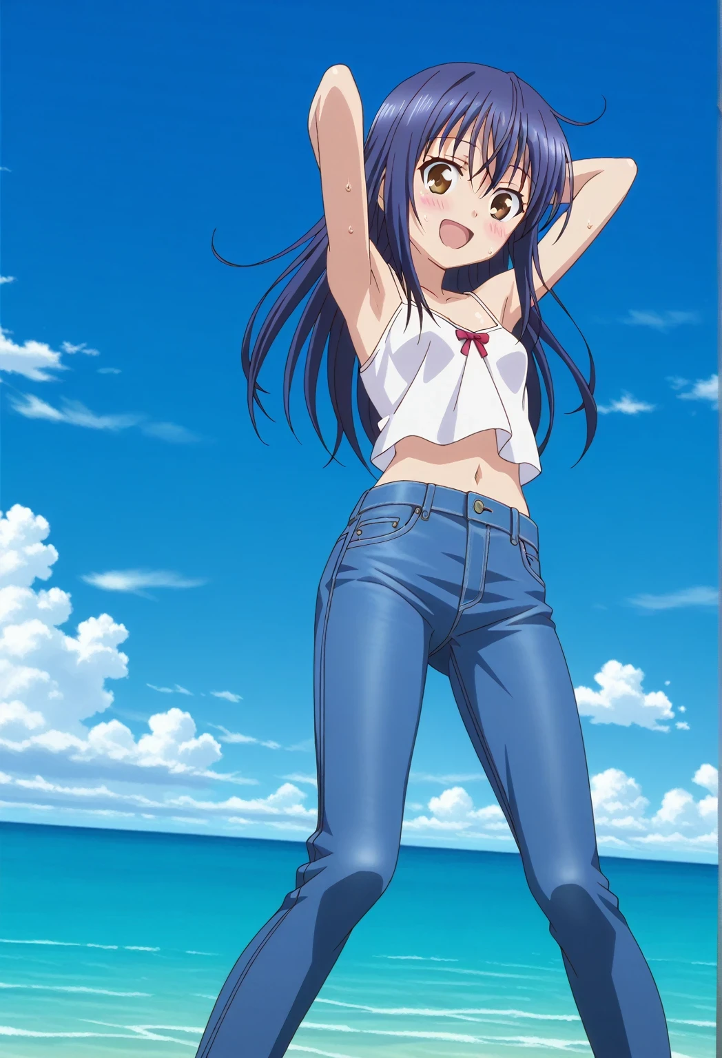 score_9, score_8_up, score_7_up, source_anime, highres, hi res, ((best quality, top quality, perfect quality, Highest Quality, amazing quality)), {{masterpiece}}, {{an extremely delicate and beautiful}}, 2d, intricate details, official style, anime, 8k, anime style, official_anime, official art, digital painting, cell shading, soft shading, high resolution, soothing tones, Subdued Color, Soft cinematic light, adobe lightroom, photolab, HDR, intricately and hyper-detailed, ((high quality animation)), 1 girl, Alone, solo, ((ocean)), tsunami, on the water, day, sunny, outdoors, sky, windy, mana takamiya, long hair, hair between eyes, brown eyes, blue hair, sidelocks, anime screencap, small breasts, white camisole top, crop top, white crop top, best quality, hyper-detailed jeans, ((blue jeans:1.9)), (dark blue jeans:0.6), full medium body, medium shot, Open mouth, smiling, happy face, blush, sweat, standing, ((arms behind head:6.0)), bowlegged, jumping pose, action, looking at viewer, spread legs, Bend knees slightly, straight-on front view