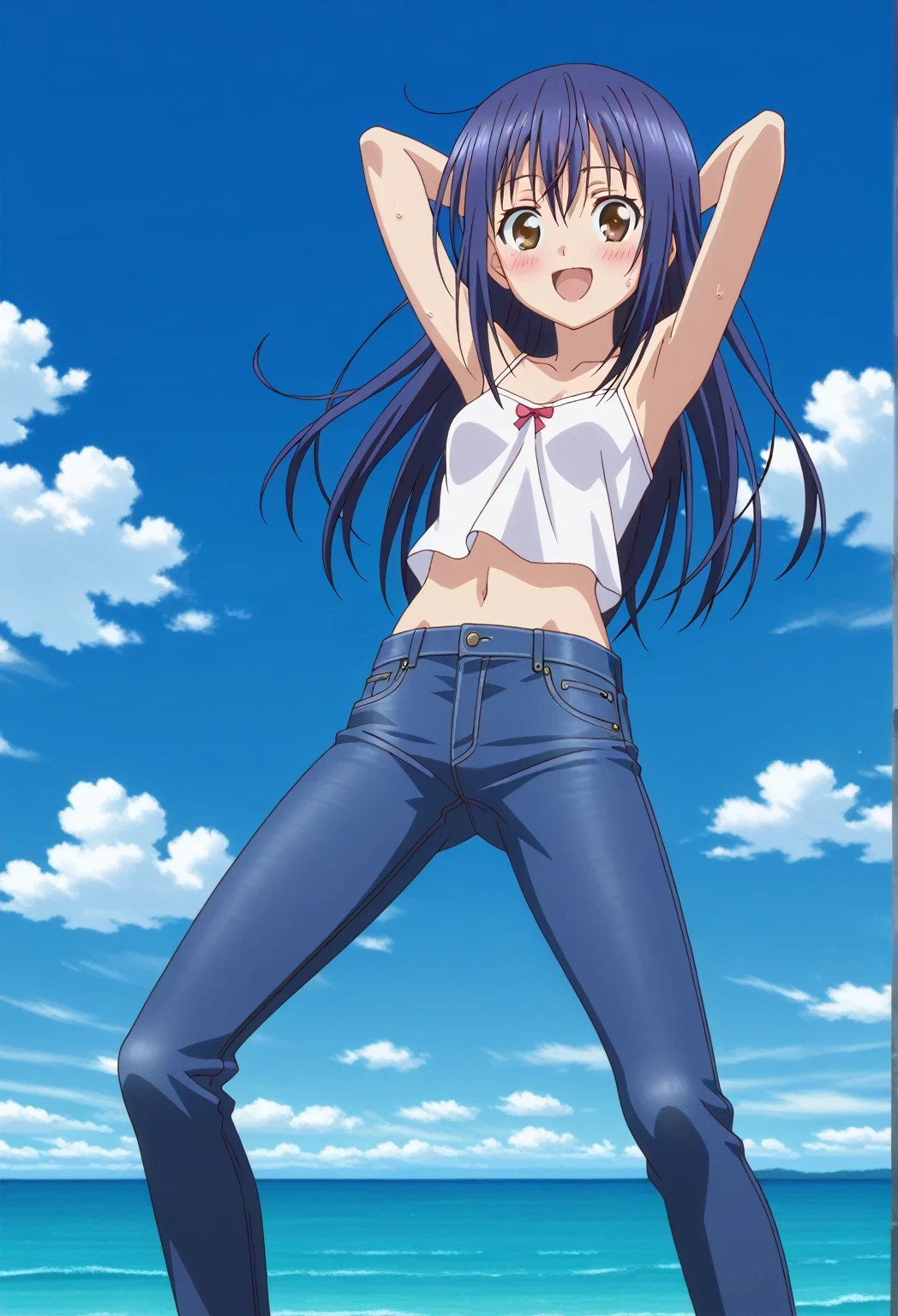 score_9, score_8_up, score_7_up, source_anime, highres, hi res, ((best quality, top quality, perfect quality, Highest Quality, amazing quality)), {{masterpiece}}, {{an extremely delicate and beautiful}}, 2d, intricate details, official style, anime, 8k, anime style, official_anime, official art, digital painting, cell shading, soft shading, high resolution, soothing tones, Subdued Color, Soft cinematic light, adobe lightroom, photolab, HDR, intricately and hyper-detailed, ((high quality animation)), 1 girl, Alone, solo, ((ocean)), tsunami, on the water, day, sunny, outdoors, sky, windy, mana takamiya, long hair, hair between eyes, brown eyes, blue hair, sidelocks, anime screencap, small breasts, white camisole top, crop top, white crop top, best quality, hyper-detailed jeans, ((blue jeans:1.9)), (dark blue jeans:0.6), full medium body, medium shot, Open mouth, smiling, happy face, blush, sweat, standing, ((arms behind head:6.0)), bowlegged, jumping pose, action, looking at viewer, spread legs, Bend knees slightly, straight-on front view