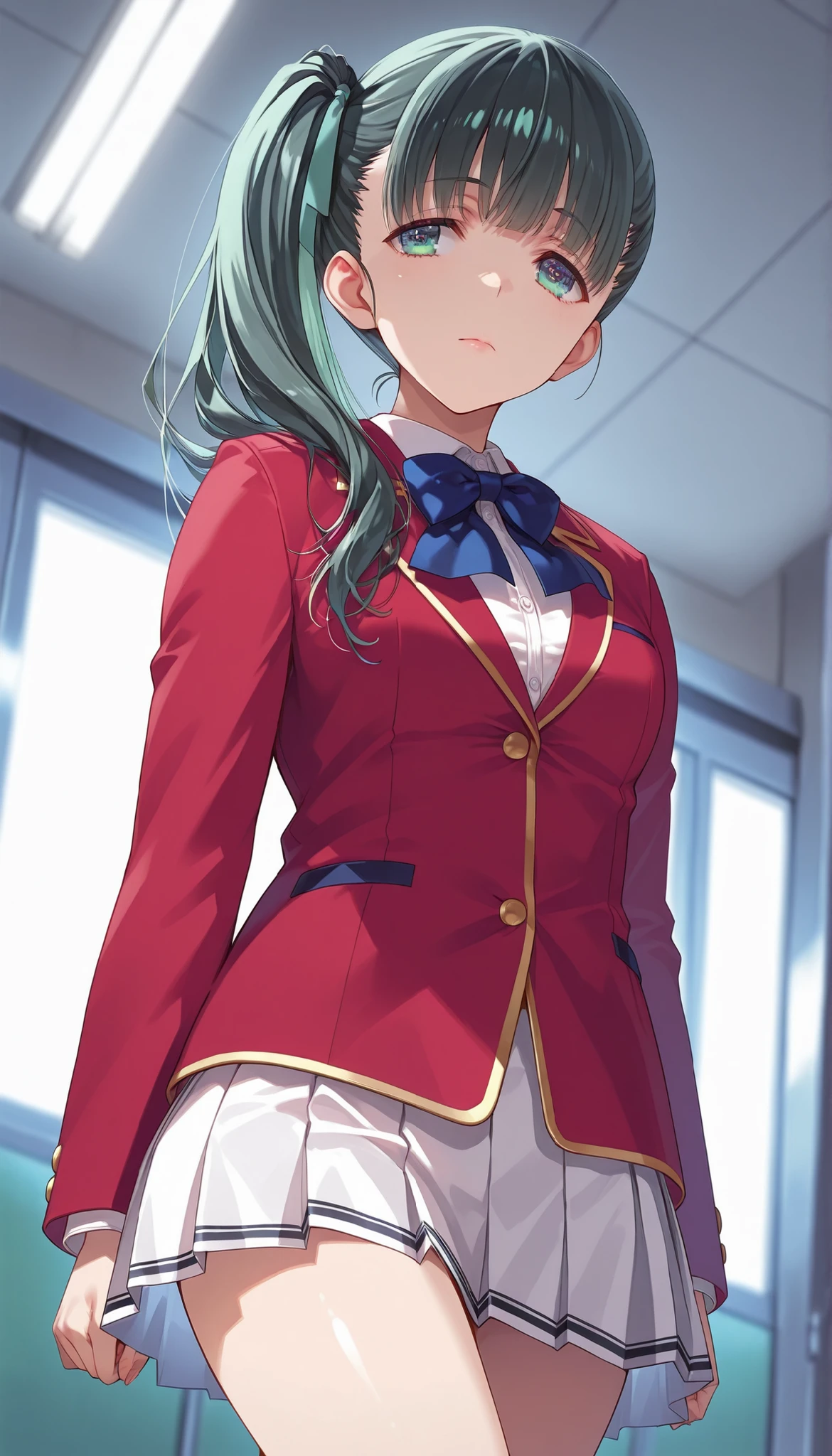 score_9, score_8_up, score_7_up, score_6_up, score_5_up, score_4_up, rating_questionable, , source_anime, digital illustration, pixiv, fanbox, uncensored, , BREAK, official art, 1girl, solo,1girl , miki yamamura black hair green hair side ponytail, school unifrom, red jacket, blue bowtie, white skirt, pleated skirt, glossy lips, outdoor , from below,cowboy shot ,closed mouth,walking ,school corridor