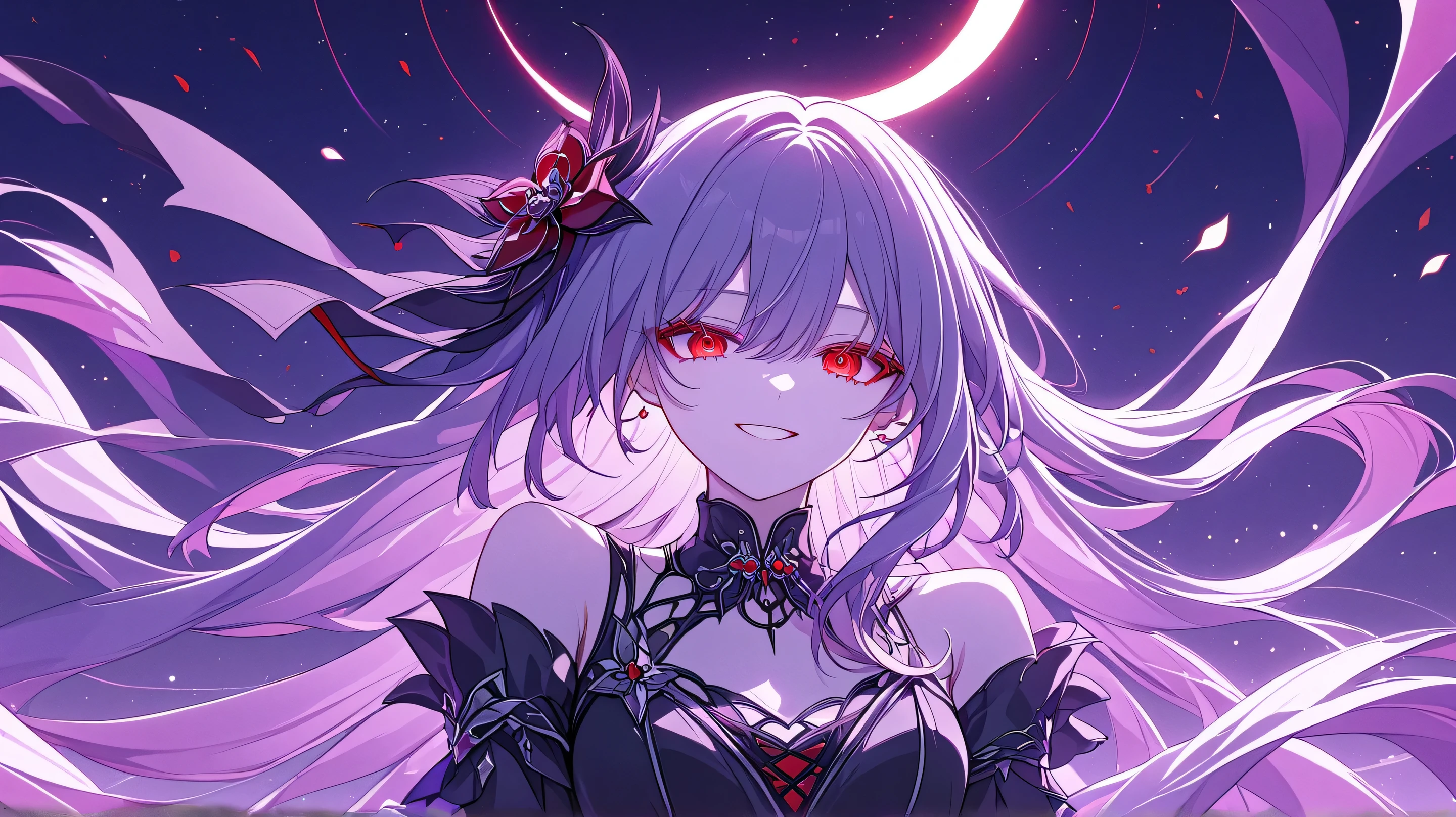 1girl, masterpiece, best quality, ultra detailed, anime style, soft lines, smooth details, delicate lineart, soft cel shading, high definition, elegant gothic fantasy vibe, evernight style, honkai star rail inspiration, emotional, vibrant eyes, glowing red eyes, mischievous smile, lavender hair, pinkish purple highlights, layered long hair, side bangs, dark gothic outfit, black and silver clothing, red accessory, floral motif, intricate fantasy details, celestial ornament, metallic accessories, soft dramatic lighting, mystical aura, dreamy atmosphere, cinematic composition
