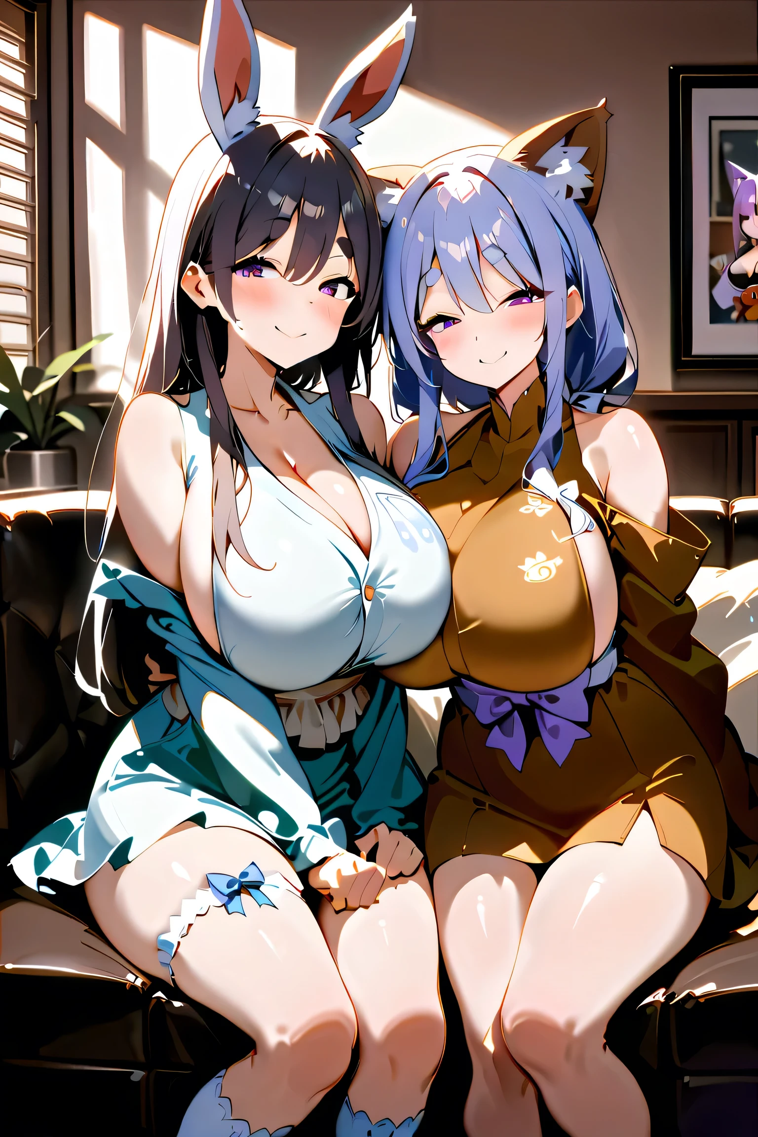 score_9_up,score_8_up,score_7_up,score_6_up,score_5_up,score_4_up,(((2 girl))),(((1 nekomata:1.5))),(((1 pekomama:1.5))),(((milf))),thick eyebrows, droopy eyes,(((mature female))),(((open eyes))),big breasts, bare shoulders,japanese clothes,kimono,short kimono,obi,skirt,sandals,socks,thigh strap,(((smile))),(((looking at ))),indoors,in the house, hug, sitting, on couch, living room,at noon,cowboy shot,