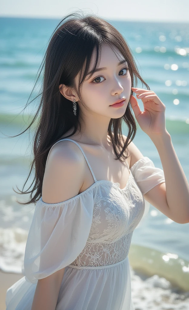 (masterpiece, actual: 1.4), (extremely high precision: 1.2) &GT;, close up, portrait, (Upper body: 1.2), (front: 1.3), 191971 dress, Back Dress, (long skirt: 1.2), Extra-long hair, ??????, ???? shoulders, Sky, ocean, water, looking at the audience, Italian, head tilt, Wind, cloud, Sunlight, outdoor, 1 girl,Smiling， ，Highly detailed facial and skin textures，surreal，Super real photos，美丽delicate eyes，alone, rest, film light, ultra high resolution, 8K Ultra HD, Film particles, perfect ???????, Delicate and Beautifully skin, best shade, Beautifully, raw, High resolution,Highly detailed facial and skin textures, delicate eyes,surreal，Super real photos，Very detailed CG unified 8k wallpaper，（masterpiece），（best quality），（Super detailed），（Super real photos），（Best character details：1.36），There is light on the face, movie lighting，illustration, Very detailed，Level verbose, High resolution, Very detailed, best quality, masterpiece