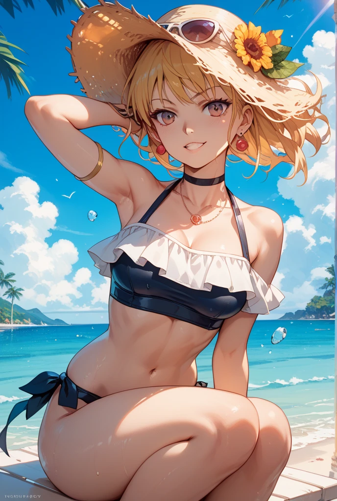 (highest quality, High resolution, perfect pixel, Depth of bounds written, 4K), (high angle shot), (cowboy shot), (looking up), beach, detailed eyes, (1 lady), tall, (skinny body:1.2) , (thin thighs:1.2), (Narrow :1.2), , blond hair, (ponytail:1.2), (yellow Short pants :1.2), (unbutton:1.3), (cross halter ), (rio cut pants), ( strap:1.3), (denim short ), ( pose sitting sideways), (arms behind head), (armpit:1.3), (clear face), sweat, 