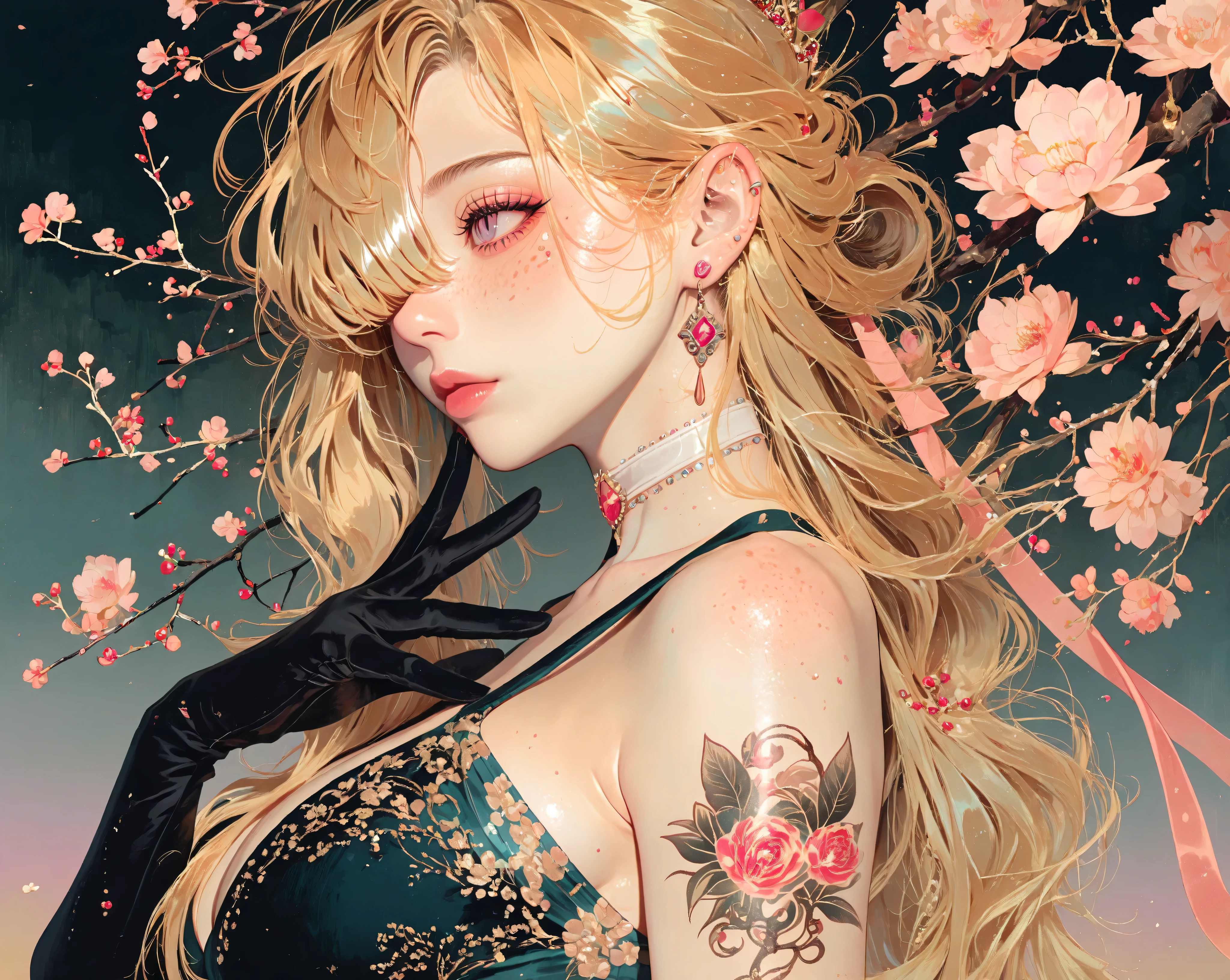 masterpiece, best quality, upd25, 1girl, bangs, bare shoulders, black gloves, blonde hair, blue eyes, branch, breasts, dress, eye focus, flower tattoo, freckles, gem, gradient background, grey eyes, hair over one eye, jewelry, lips, long hair, oli, piercing, pink eyes, pink flower, pink ribbon, red theme, shirt, simple background, underbutt, white choker