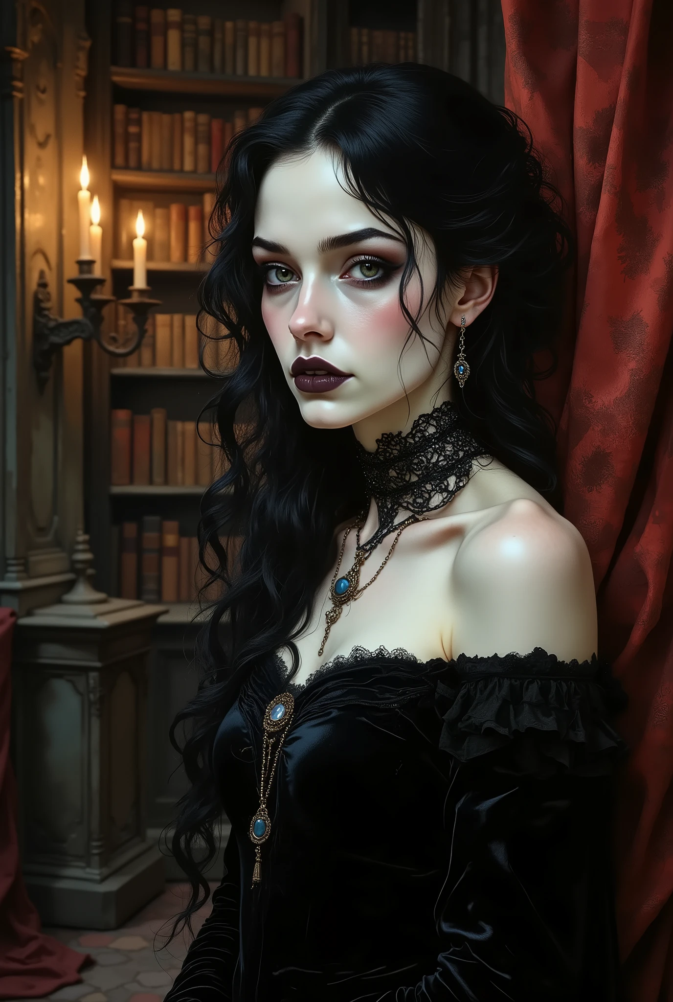 a shoulder-up gothic woman on the right side of a 16:9 frame, pale skin and long black curls cascading over one shoulder, black lace choker with a gemstone, dramatic dark lipstick and smoky eyeshadow, wearing an off-shoulder velvet gown, background on the left side shows a candlelit gothic library with tall shelves, dusty red curtains, and glowing candle sconces flickering in the shadows

goth woman, gothic library, velvet elegance, dark makeup, candle glow, moody contrast, medieval luxury, off-center composition
