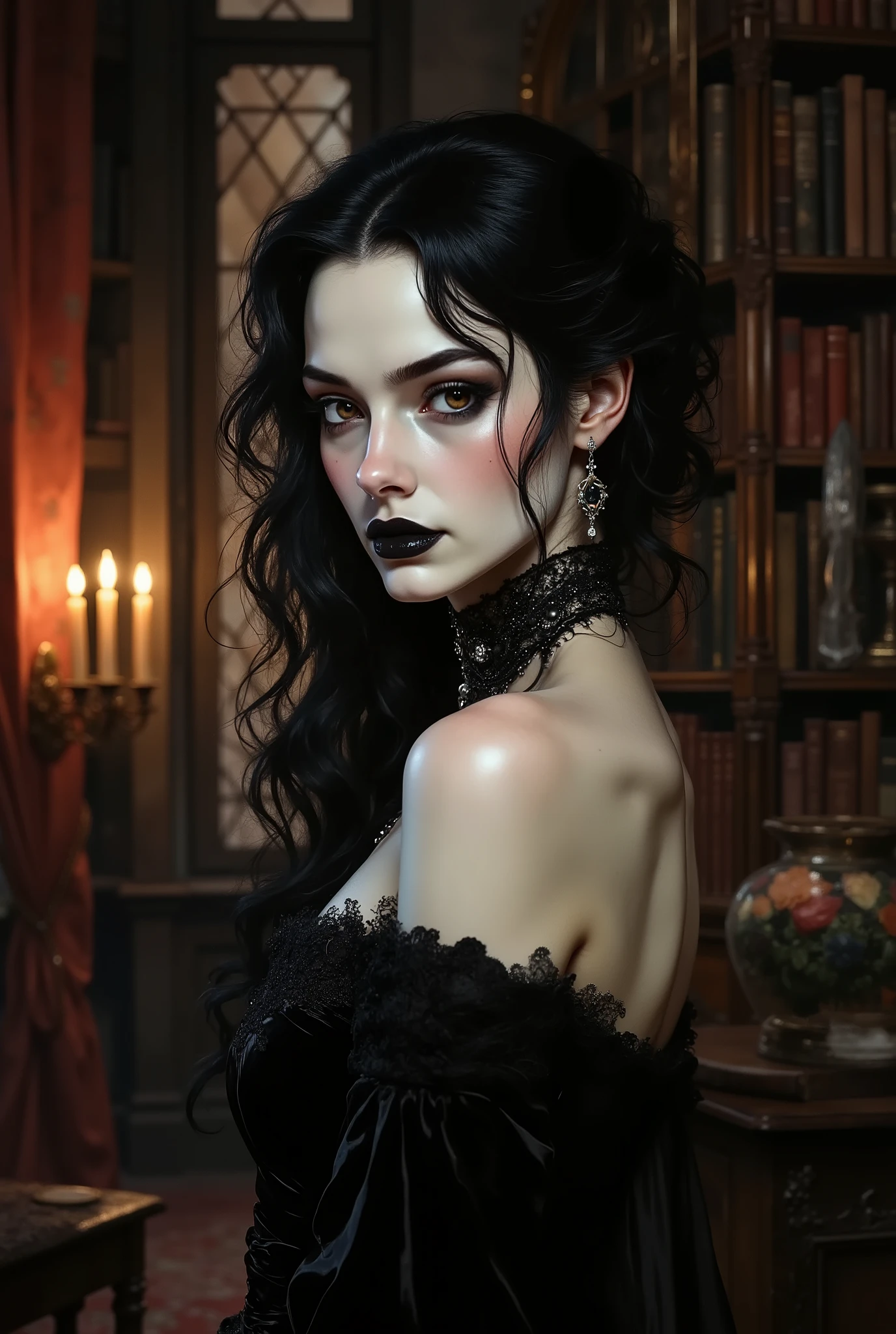 a shoulder-up gothic woman on the right side of a 16:9 frame, pale skin and long black curls cascading over one shoulder, black lace choker with a gemstone, dramatic dark lipstick and smoky eyeshadow, wearing an off-shoulder velvet gown, background on the left side shows a candlelit gothic library with tall shelves, dusty red curtains, and glowing candle sconces flickering in the shadows
goth woman, gothic library, velvet elegance, dark makeup, candle glow, moody contrast, medieval luxury, off-center composition