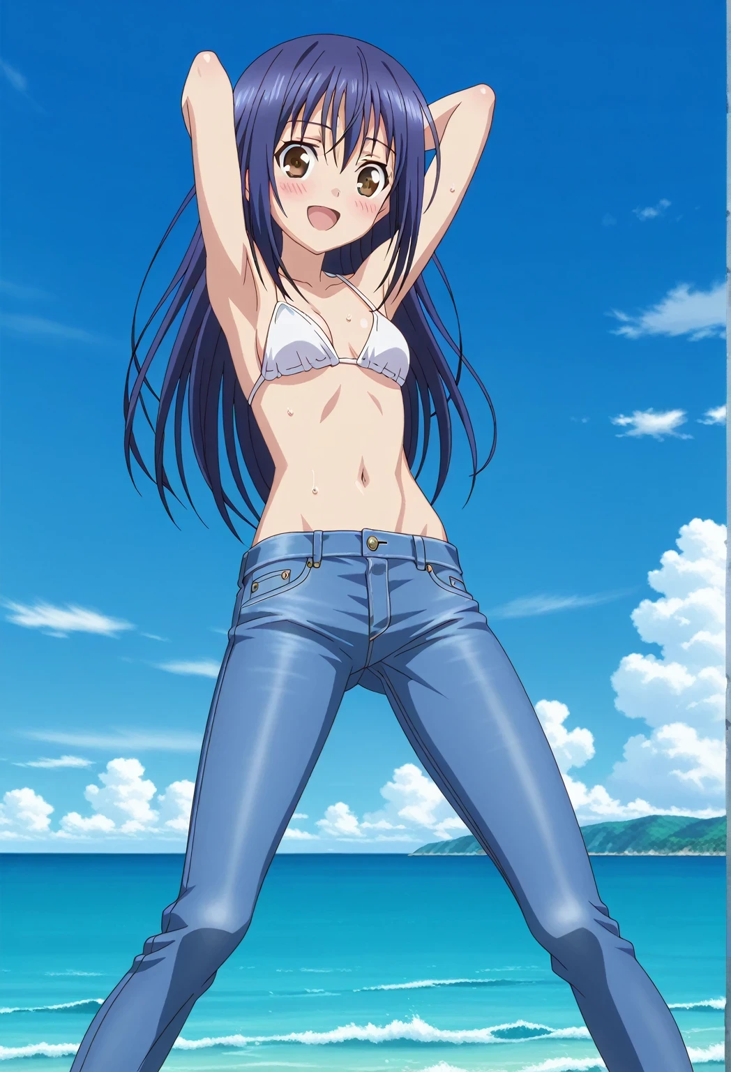 score_9, score_8_up, score_7_up, source_anime, highres, hi res, ((best quality, top quality, perfect quality, Highest Quality, amazing quality)), {{masterpiece}}, {{an extremely delicate and beautiful}}, 2d, intricate details, official style, anime, 8k, anime style, official_anime, official art, digital painting, cell shading, soft shading, high resolution, soothing tones, Subdued Color, Soft cinematic light, adobe lightroom, photolab, HDR, intricately and hyper-detailed, ((high quality animation)), 1 girl, Alone, solo, ((ocean)), tsunami, on the water, day, sunny, outdoors, sky, windy, mana takamiya, long hair, hair between eyes, brown eyes, blue hair, sidelocks, anime screencap, small breasts, white bikini top, best quality, hyper-detailed jeans, ((blue jeans:1.9)), (dark blue jeans:0.6), full medium body, medium shot, Open mouth, smiling, happy face, blush, sweat, standing, ((arms behind head:6.0)), bowlegged, jumping pose, action, looking at viewer, spread legs, Bend knees slightly, straight-on front view