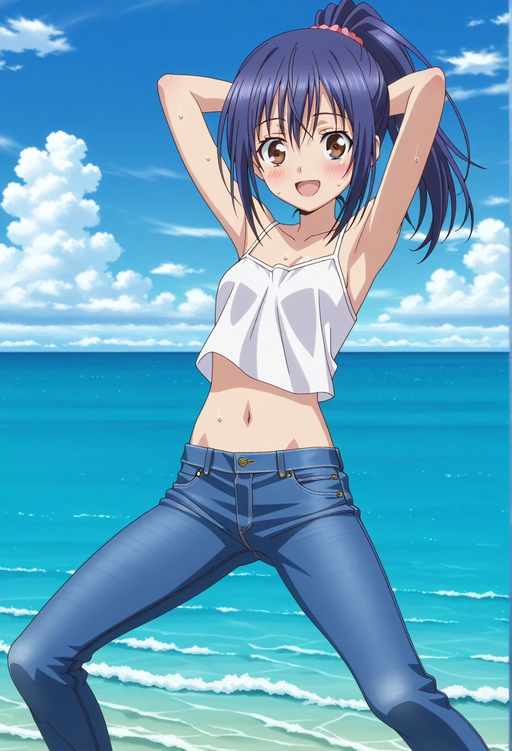 score_9, score_8_up, score_7_up, source_anime, highres, hi res, ((best quality, top quality, perfect quality, Highest Quality, amazing quality)), {{masterpiece}}, {{an extremely delicate and beautiful}}, 2d, intricate details, official style, anime, 8k, anime style, official_anime, official art, digital painting, cell shading, soft shading, high resolution, soothing tones, Subdued Color, Soft cinematic light, adobe lightroom, photolab, HDR, intricately and hyper-detailed, ((high quality animation)), 1 girl, Alone, solo, ((ocean)), tsunami, on the water, day, sunny, outdoors, sky, windy, mana takamiya, long hair, ponytail, hair between eyes, brown eyes, blue hair, sidelocks, anime screencap, small breasts, white camisole top, crop top, white crop top, best quality, hyper-detailed jeans, ((blue jeans:1.9)), (dark blue jeans:0.6), full medium body, medium shot, Open mouth, smiling, happy face, blush, sweat, standing, ((arms behind head:6.0)), bowlegged, jumping pose, action, looking at viewer, spread legs, Bend knees slightly, straight-on front view